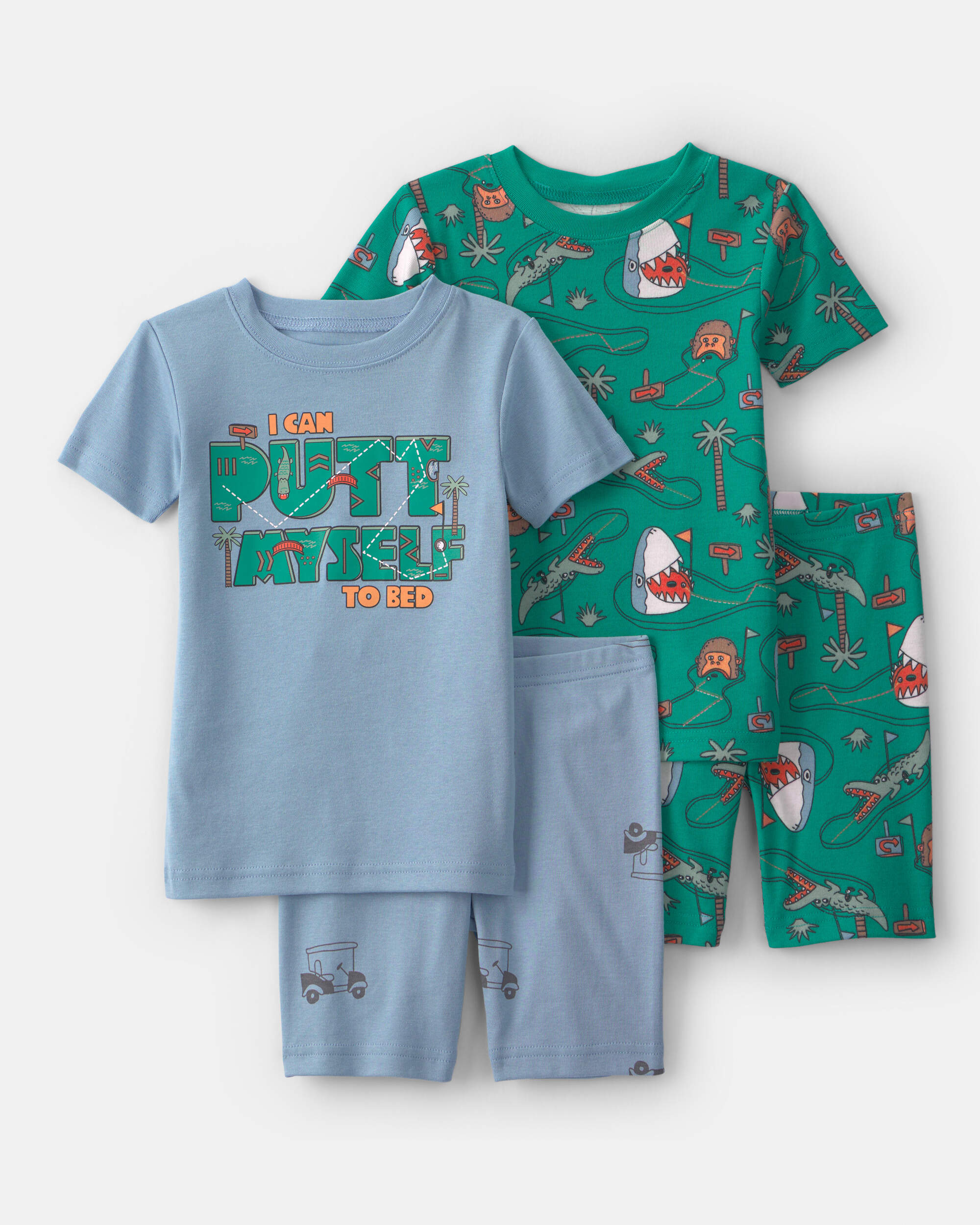 Toddler Boy Shark Golf 100% Cotton Short-Sleeve Snug Fit 4-Piece pyjama Set - Blue/Green