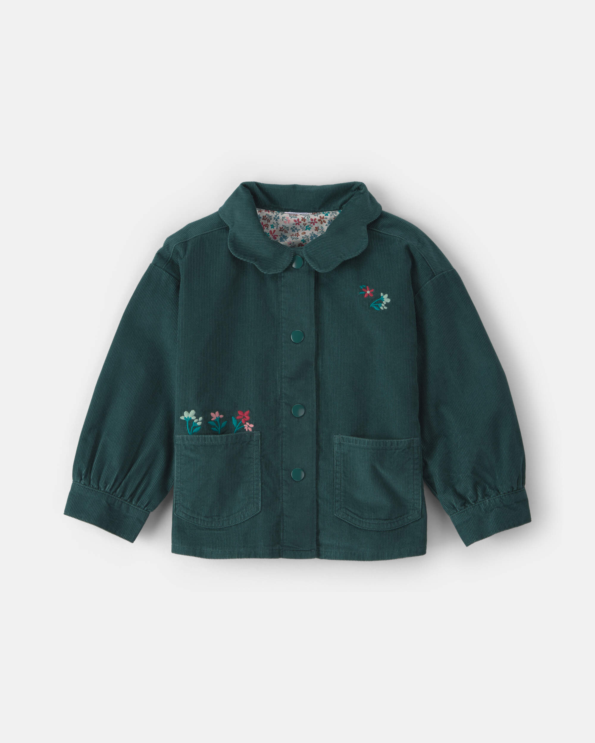Toddler Girl Flower Embroidered Corduroy Jacket - Green