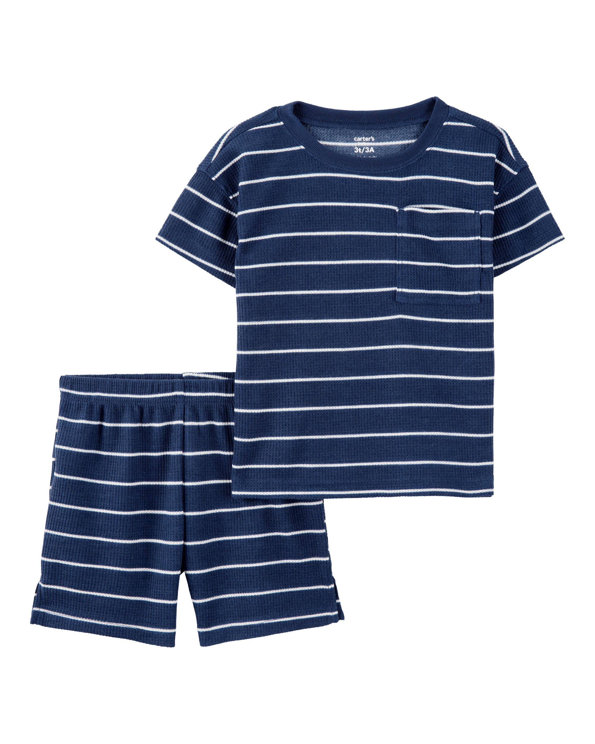 Toddler Striped Loose Fit Waffle Knit 2-Piece Pyjamas - Navy