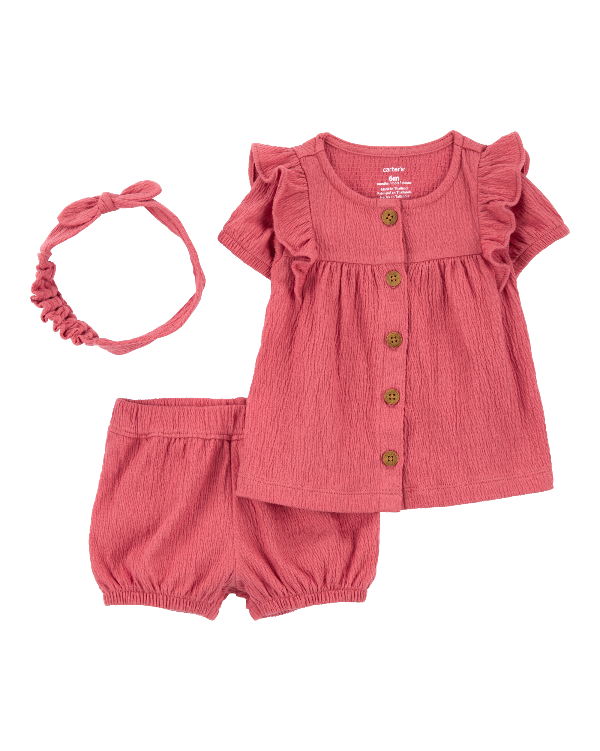 Baby 3-Piece Gauze Button-Front Outfit Set- Red