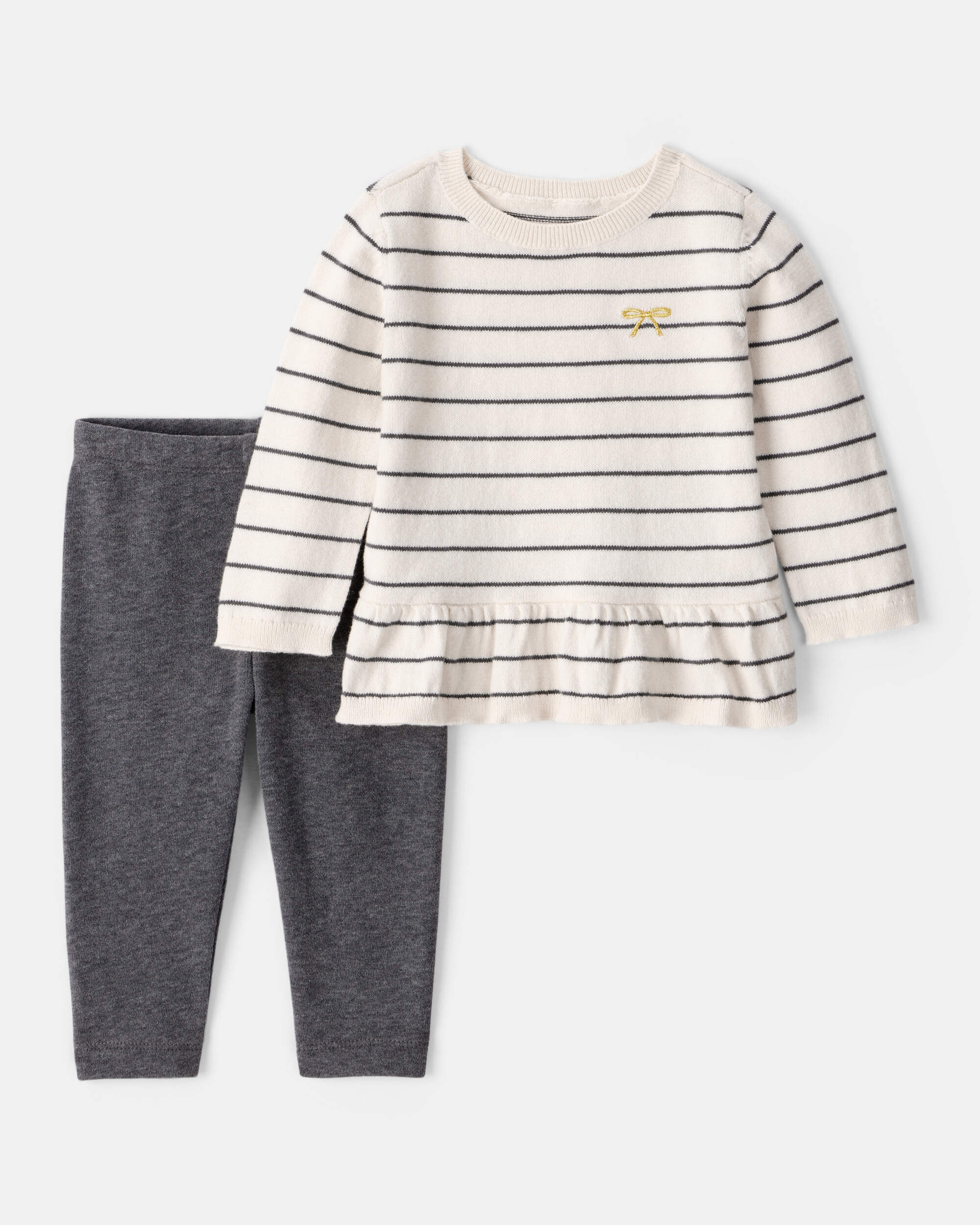 Baby Girl Bow Striped Long-Sleeve Tee & Pant Set - White/Grey