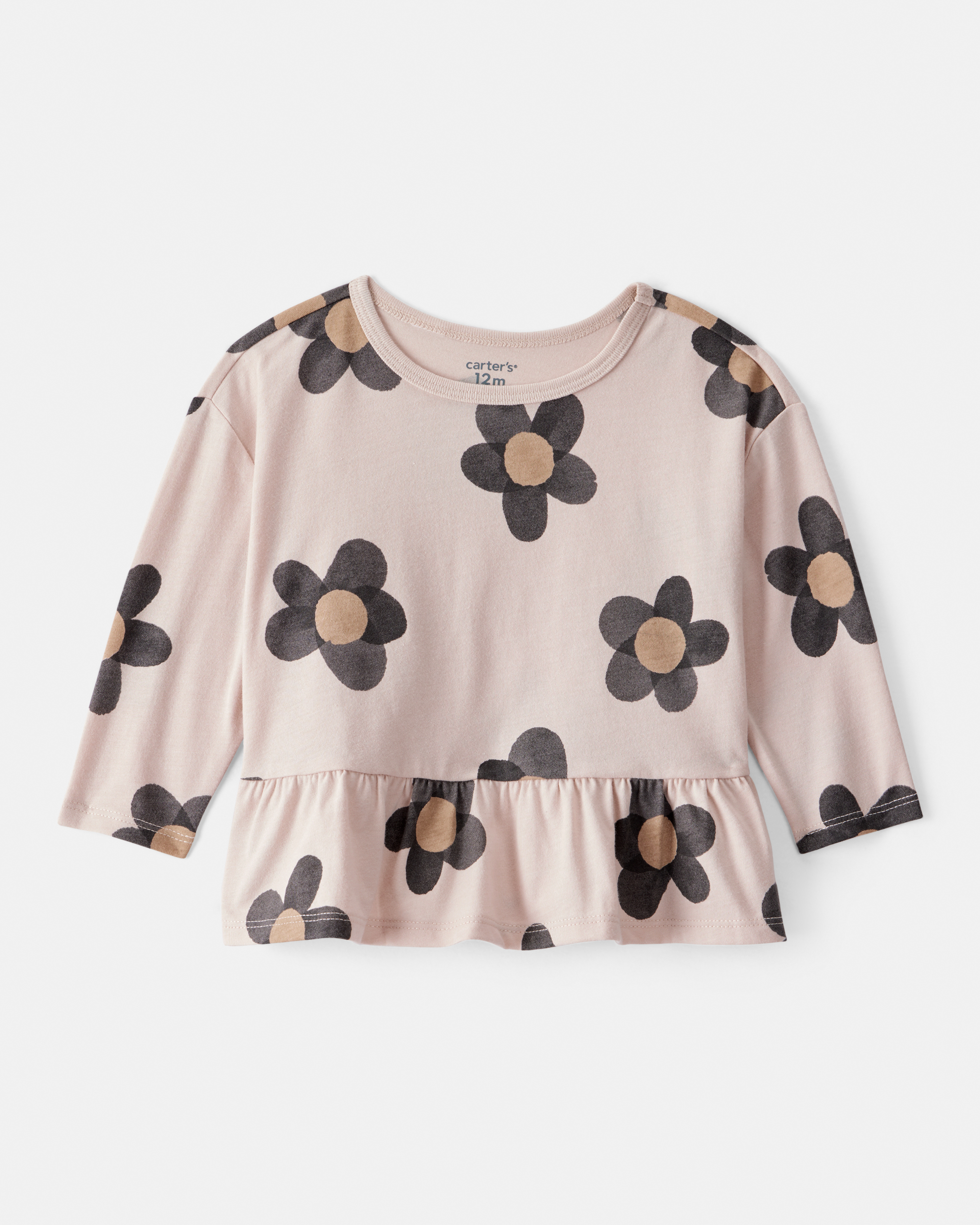 Baby Girl Floral Long-Sleeve Peplum Top - Brown