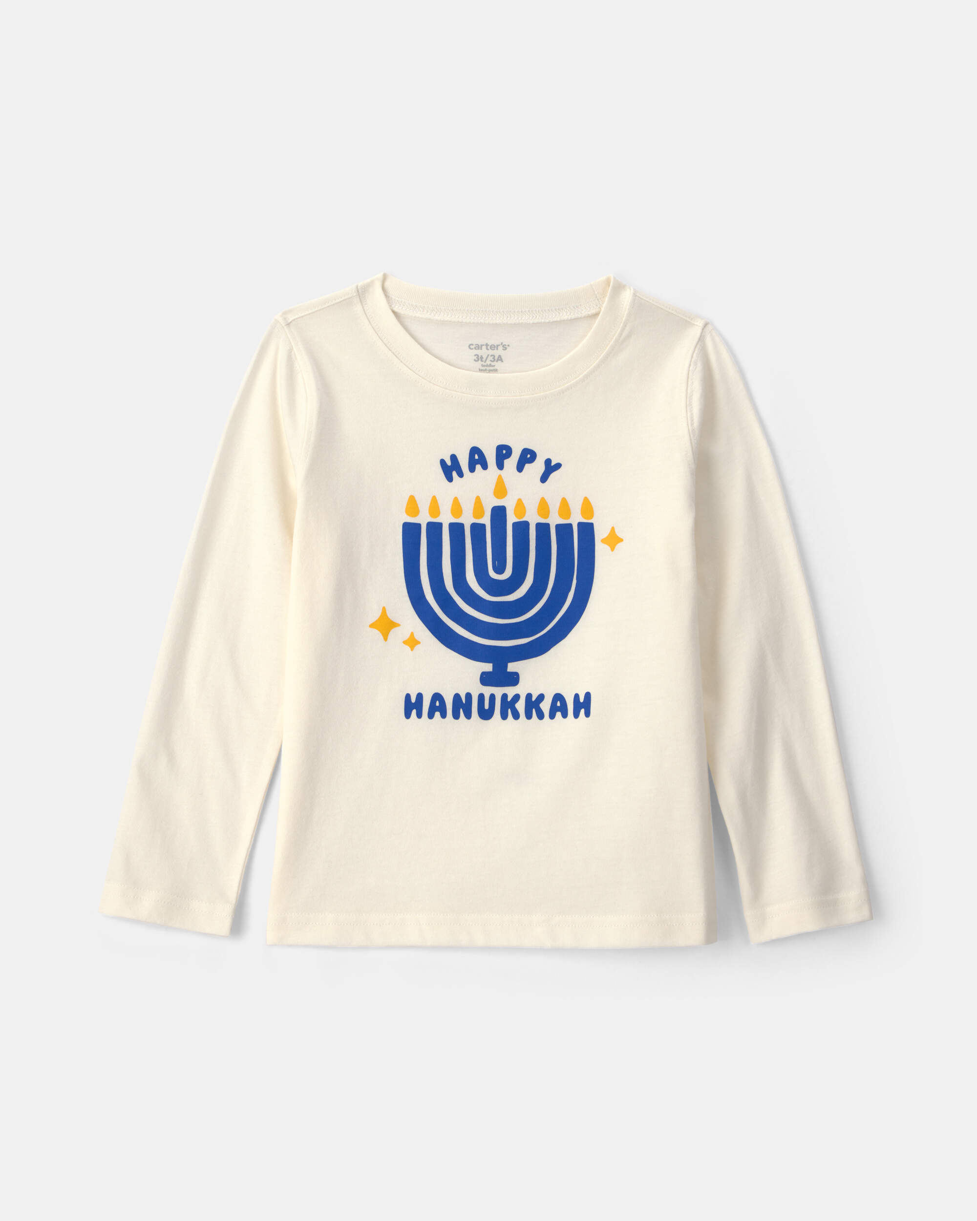 Toddler 'Happy Hanukkah' Menorah Long-Sleeve Graphic Tee - Cream/Blue/Gold
