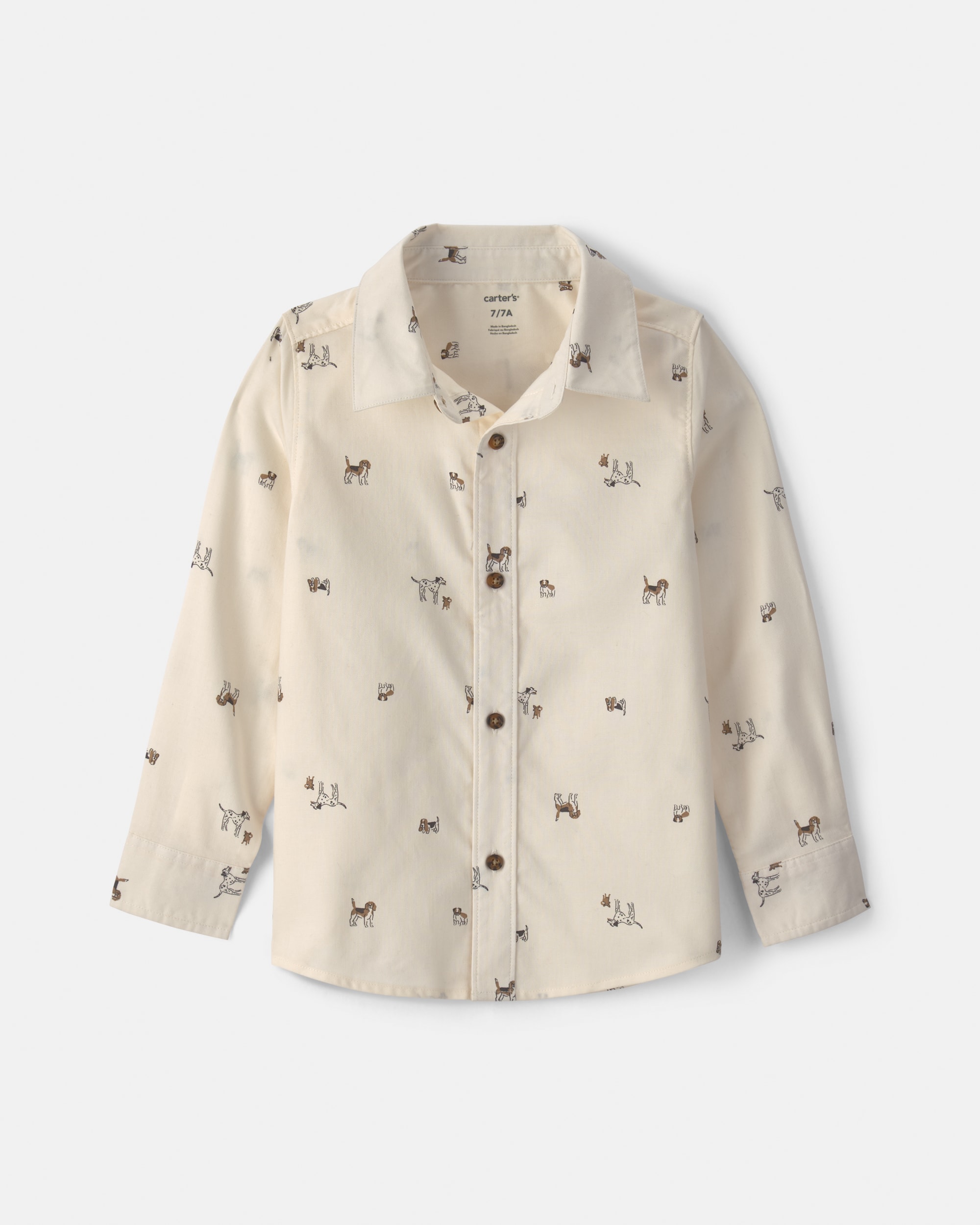 Boys Dog Long-Sleeve Button-Down Shirt - Cream