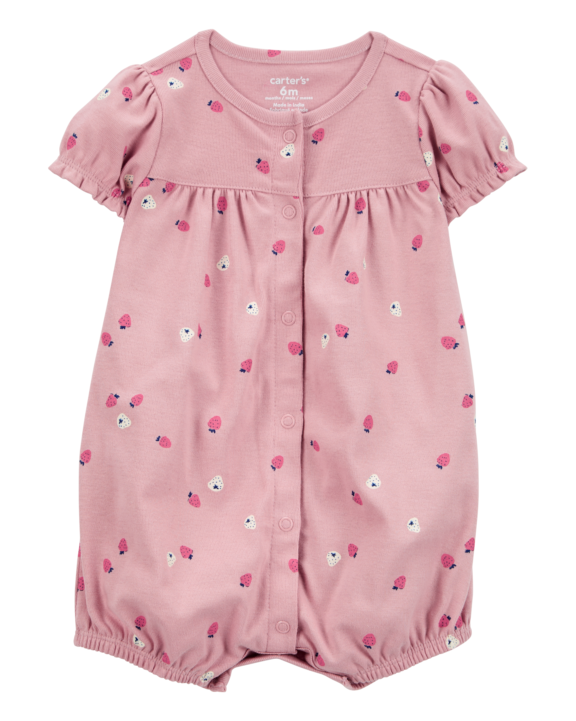 Baby Strawberry Print Ribbed Short-Sleeve Romper - Pink