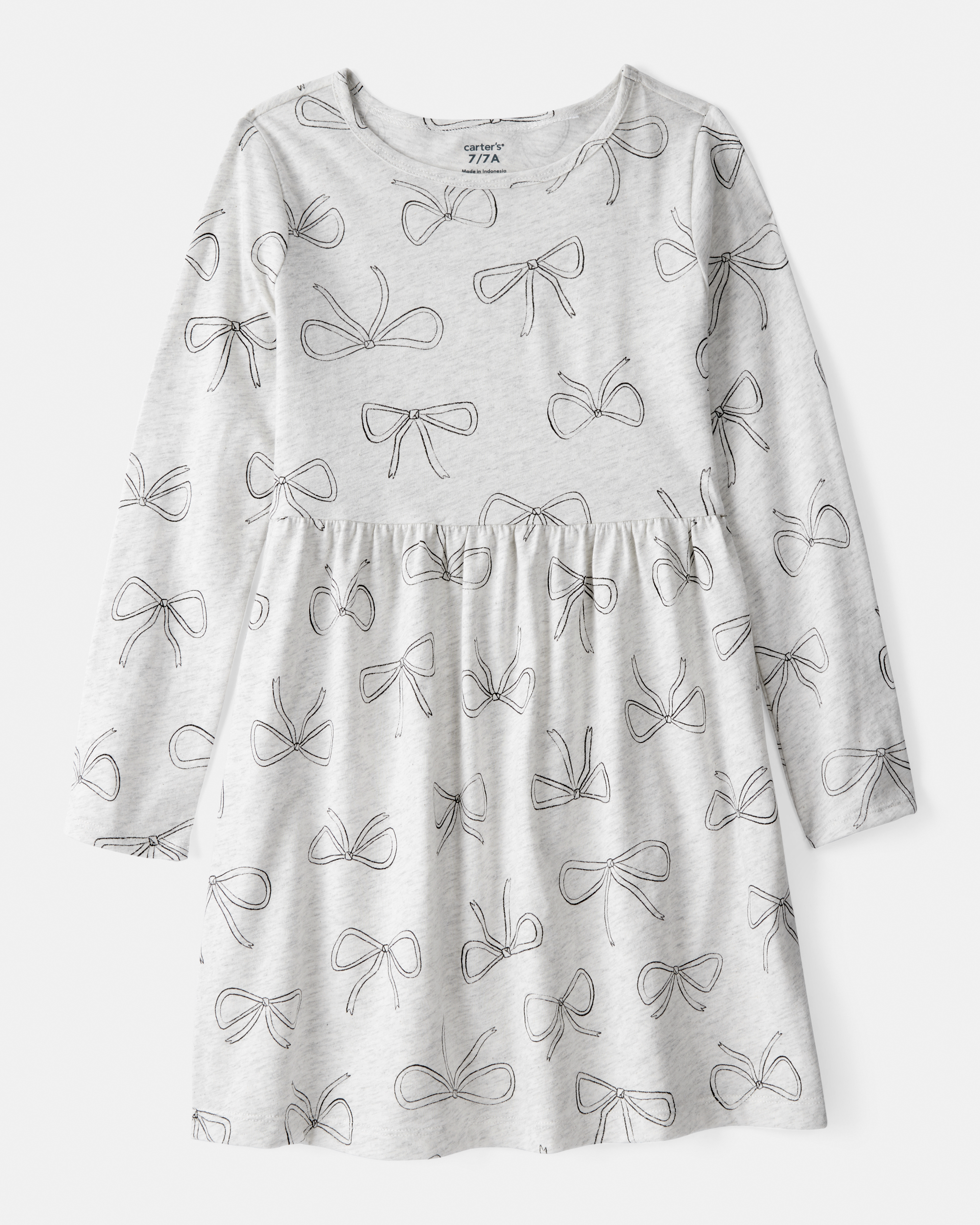Girls Bow Print Long Sleeve Cotton Dress - Grey