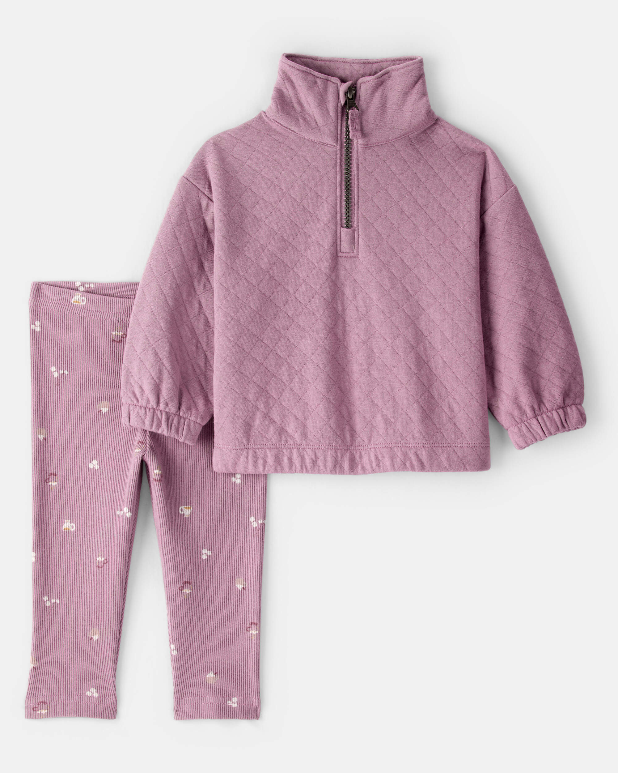Baby Girl Quilted Quarter-Zip & Floral Legging Set - Purple