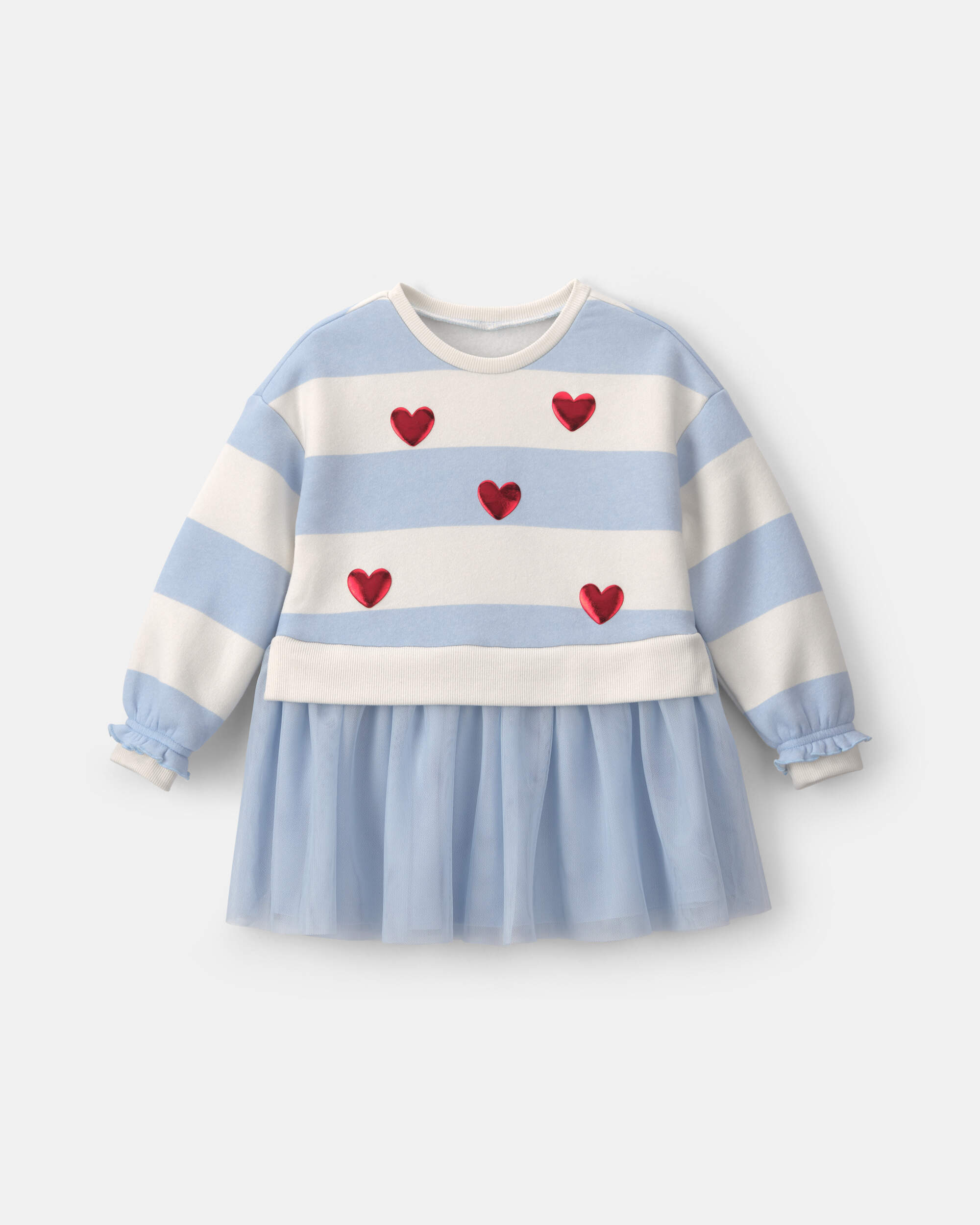 Toddler Girl Heart Striped Valentine's Day Fleece Long-Sleeve Occasion Dress - Blue