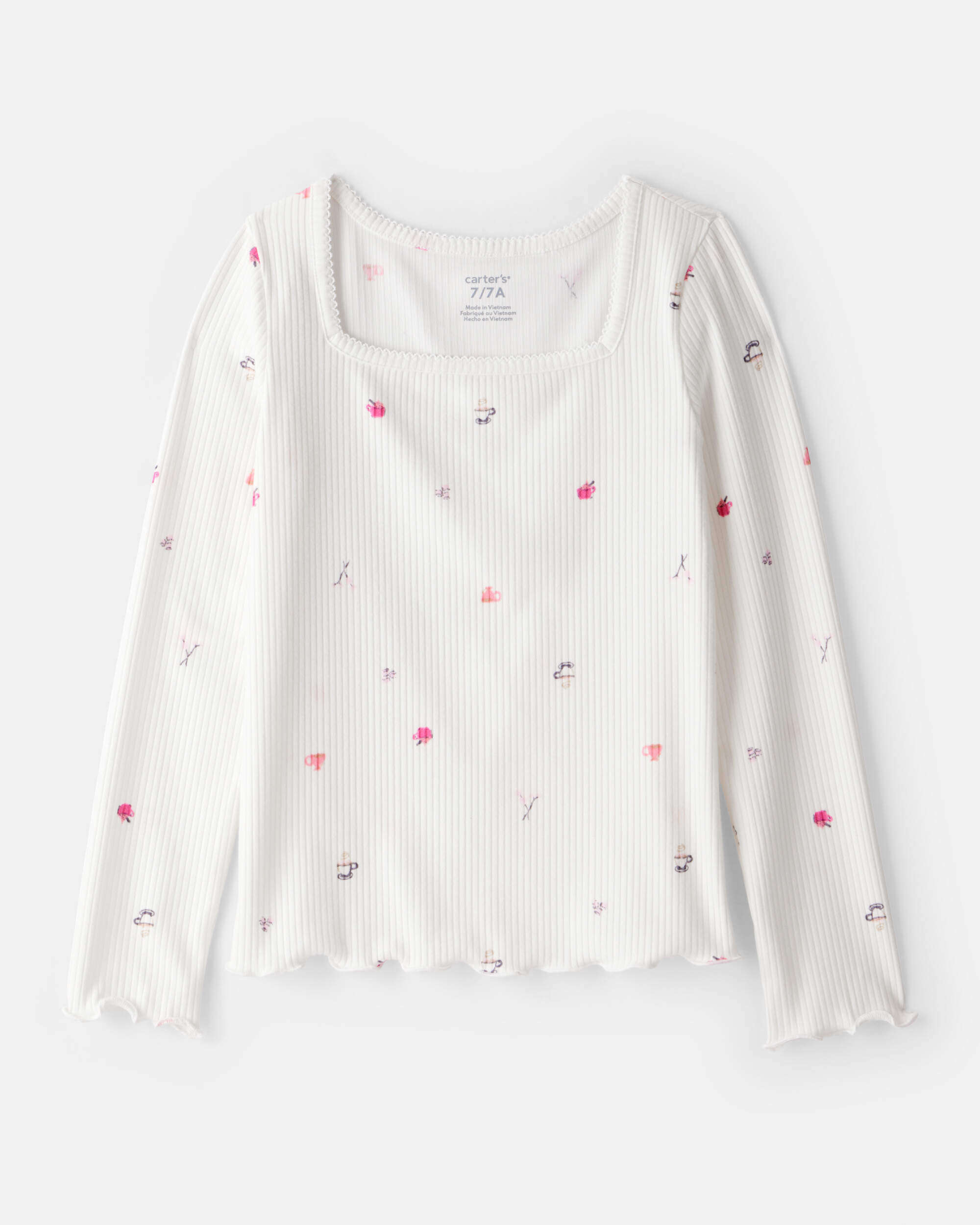 Girls Cafe-Print Ribbed Top - Ivory