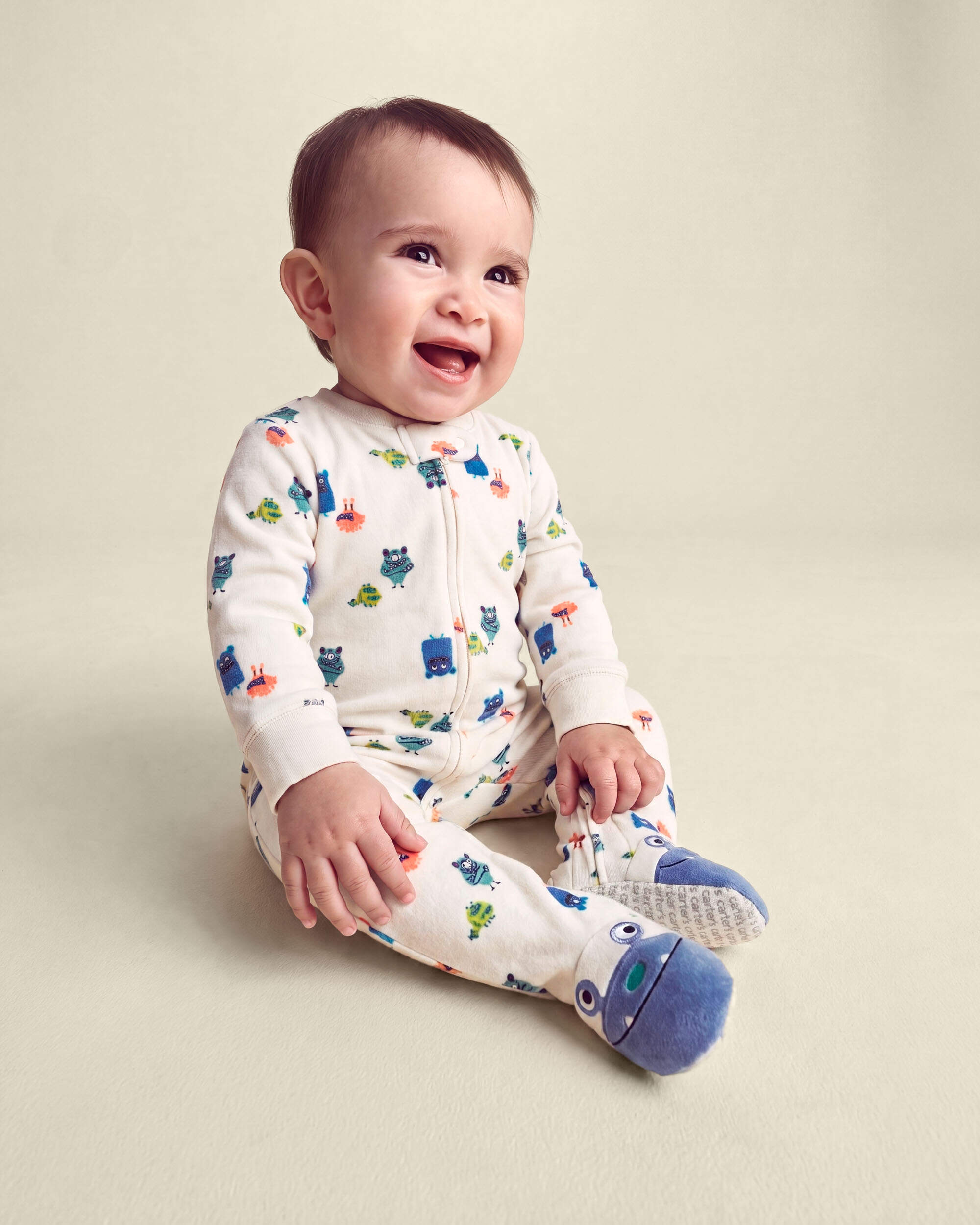 Baby Boy 1-Piece Monster 2-Way Zip DreamPlush Snug Fit Footed Pyjama - Cream
