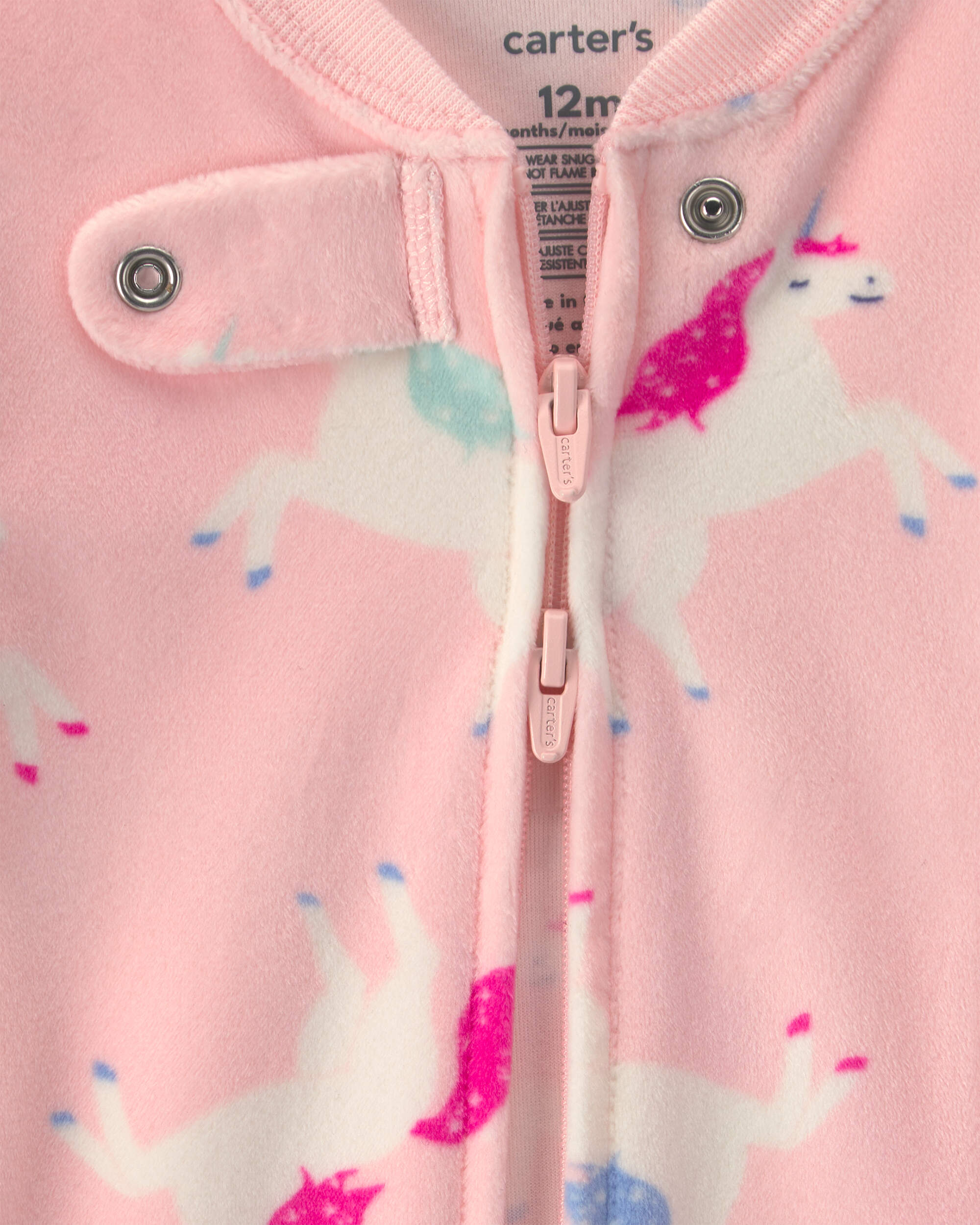 Baby Girl 1-Piece Unicorn 2-Way Zip DreamPlush Snug Fit Pyjama - Pink