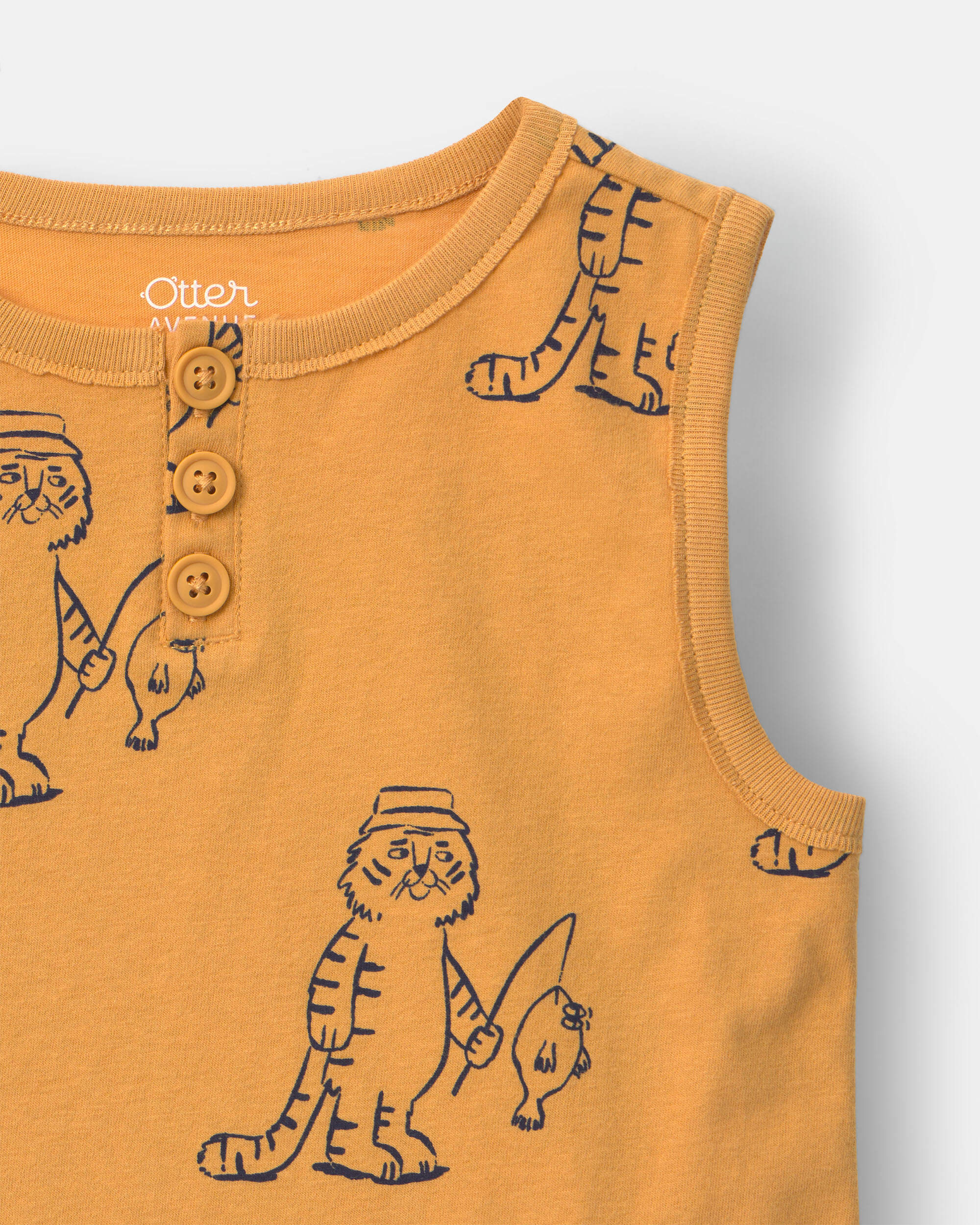 Toddler Boy Henley Tank Fishing Tiger Print - Mustard Yellow