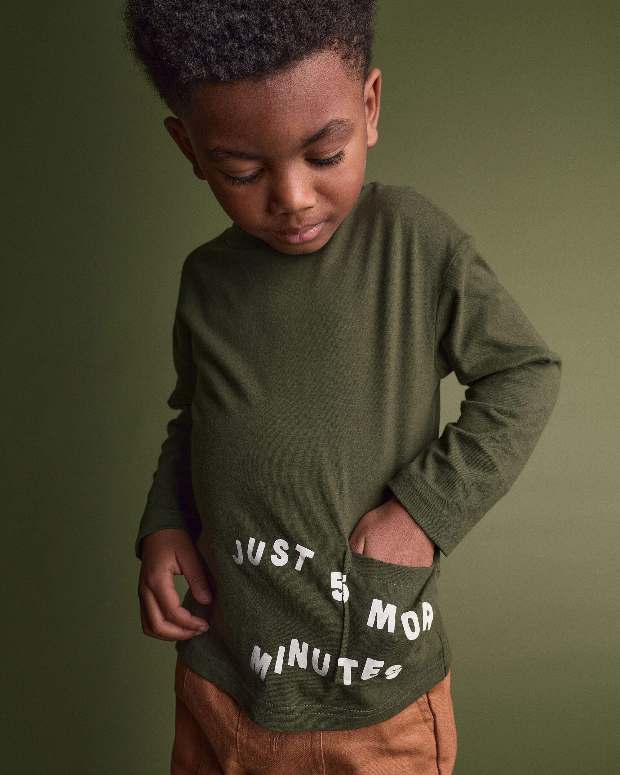 Toddler 'Just 5 More Minutes' Long-Sleeve Relaxed Graphic Tee - Olive