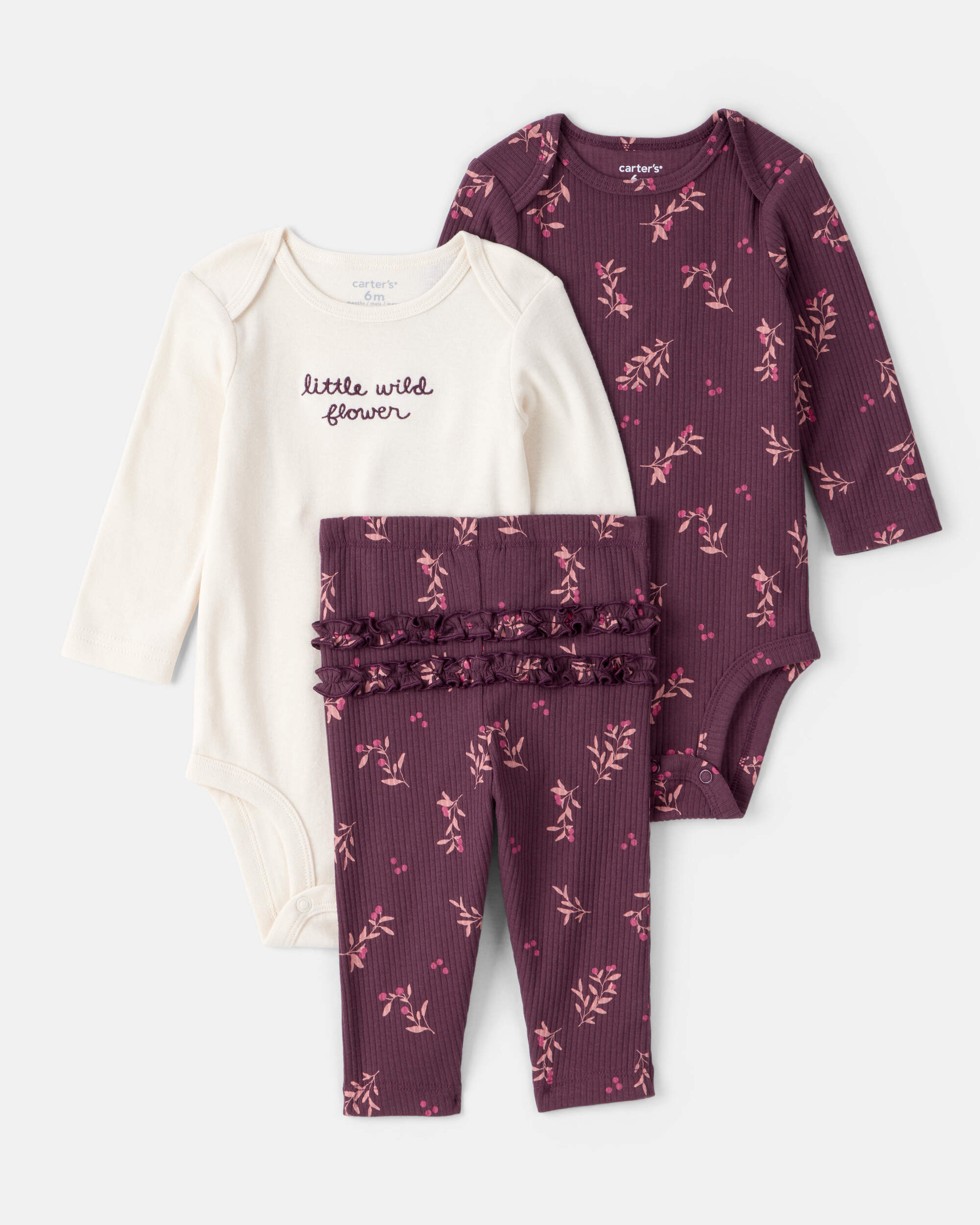 Baby Girl 3-Piece Floral Long-Sleeve Bodysuit & Pant Set - Purple/White