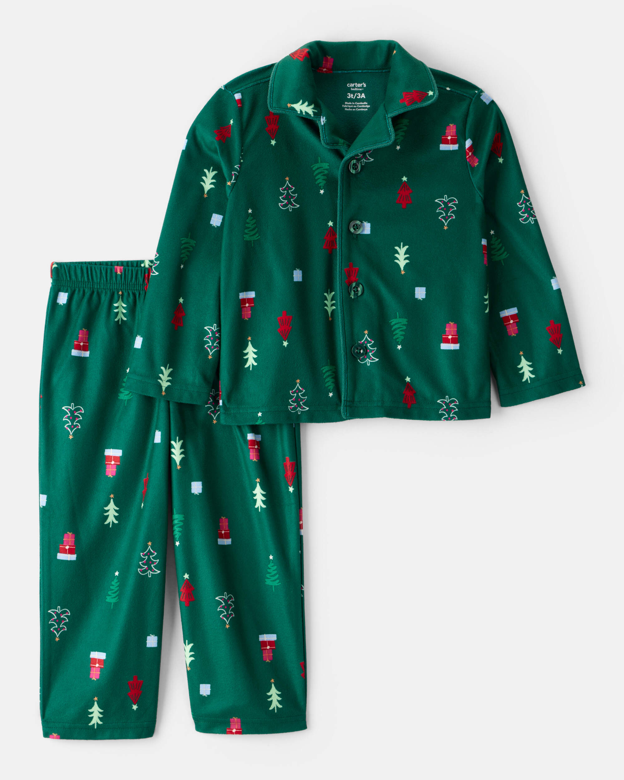 Toddler Christmas Tree Print Fleece Long-Sleeve Loose Fit 2-Piece pyjamas - Green