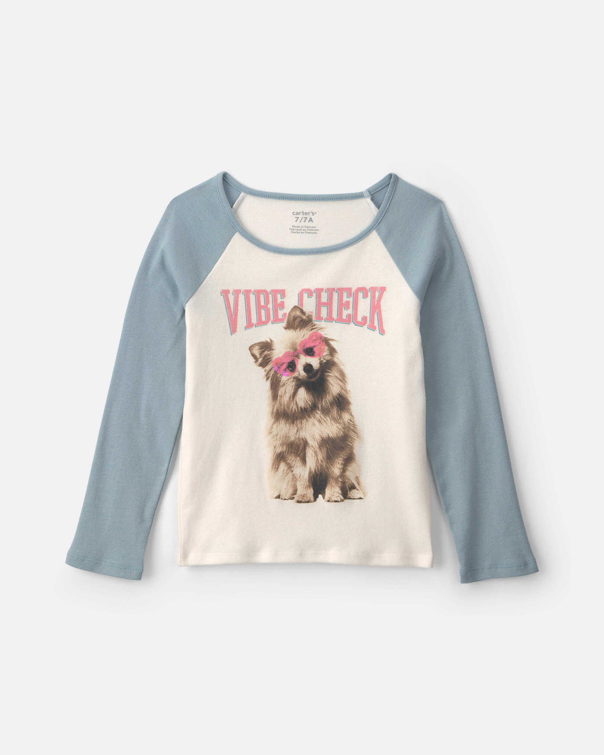 Girls 'Vibe Check' Dog Graphic Tee - Cream/Blue