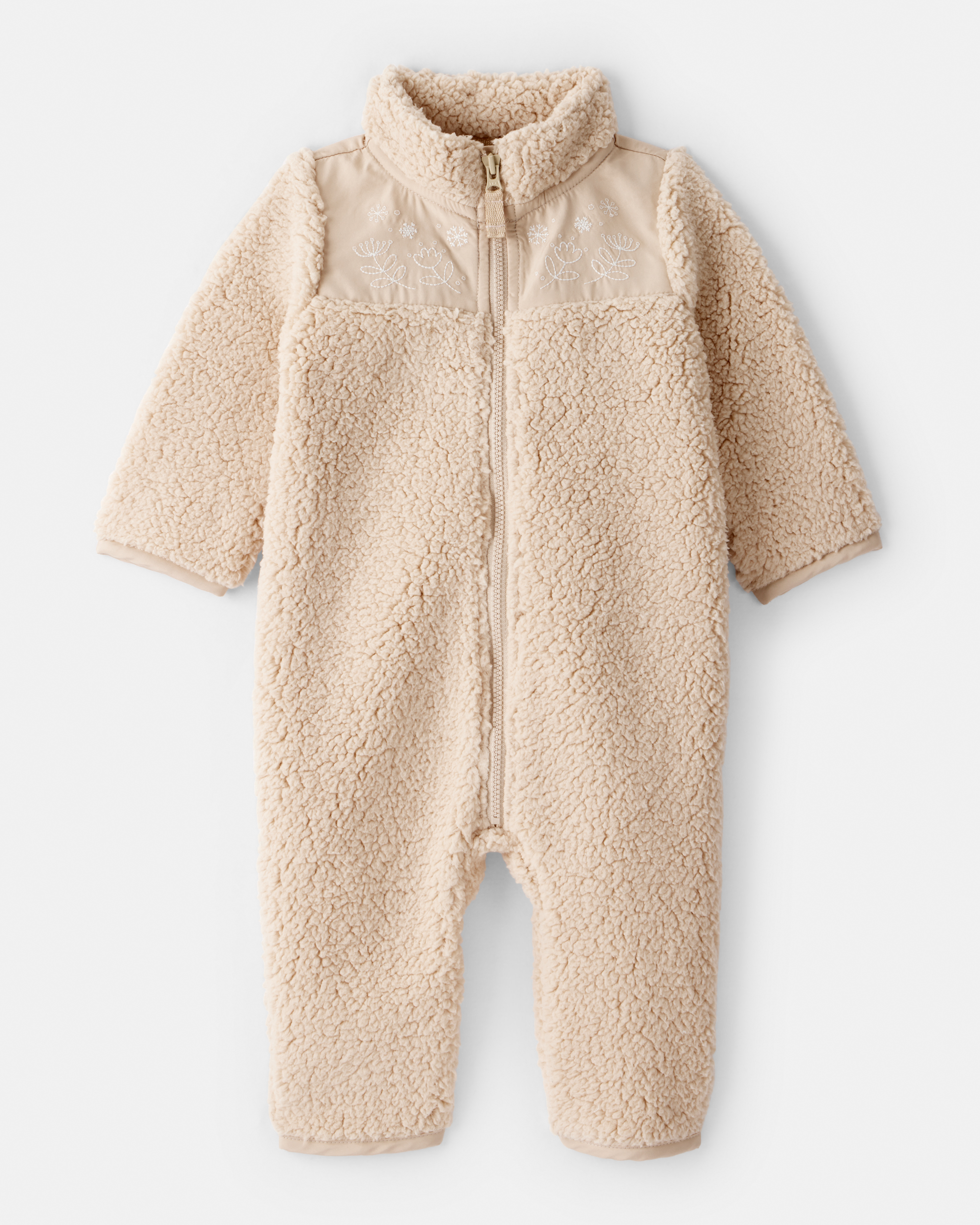Baby Girl Embroidered Sherpa Long-Sleeve Jumpsuit - Brown
