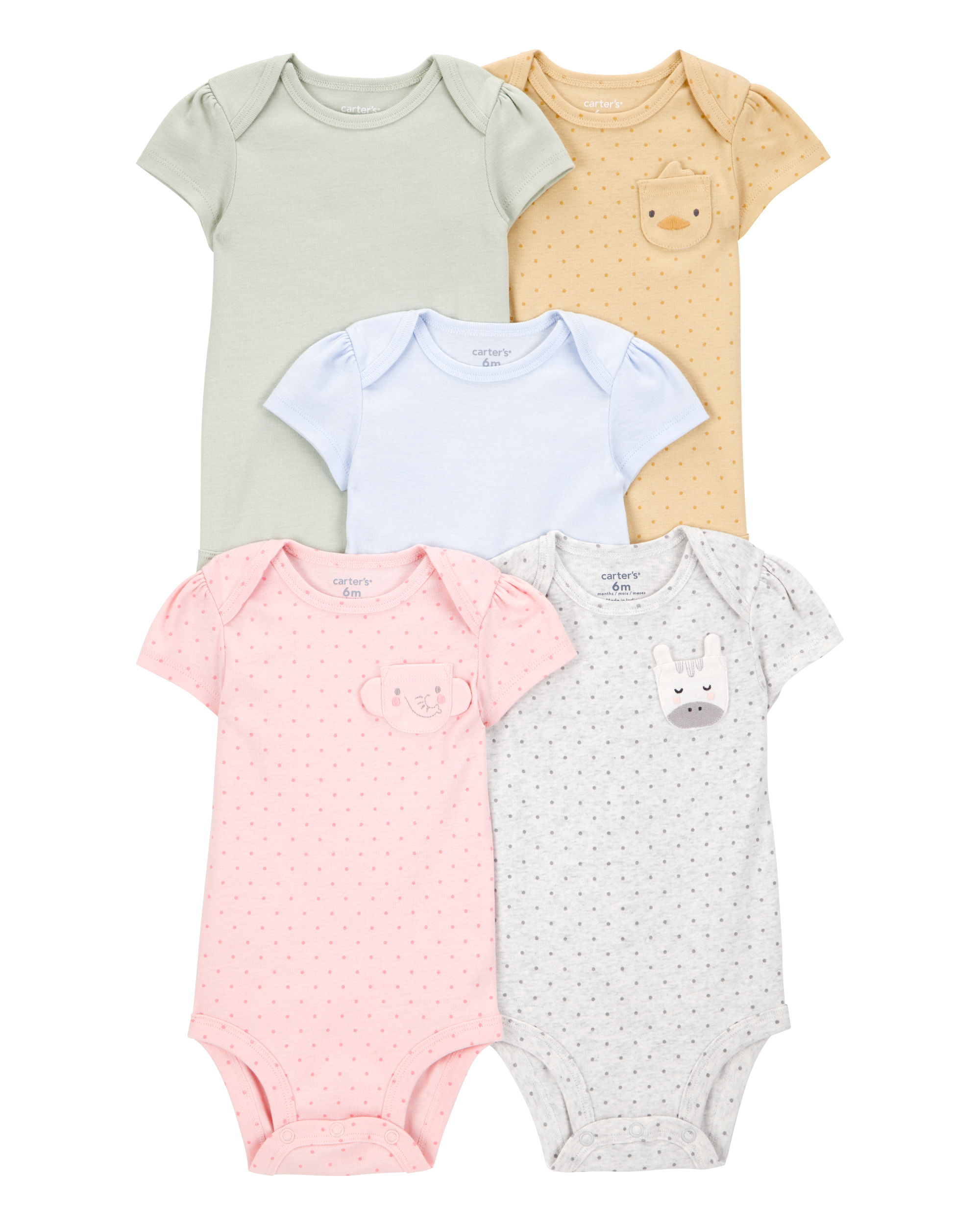 Baby Girl 5-Pack Animal Short-Sleeve Cotton Bodysuits