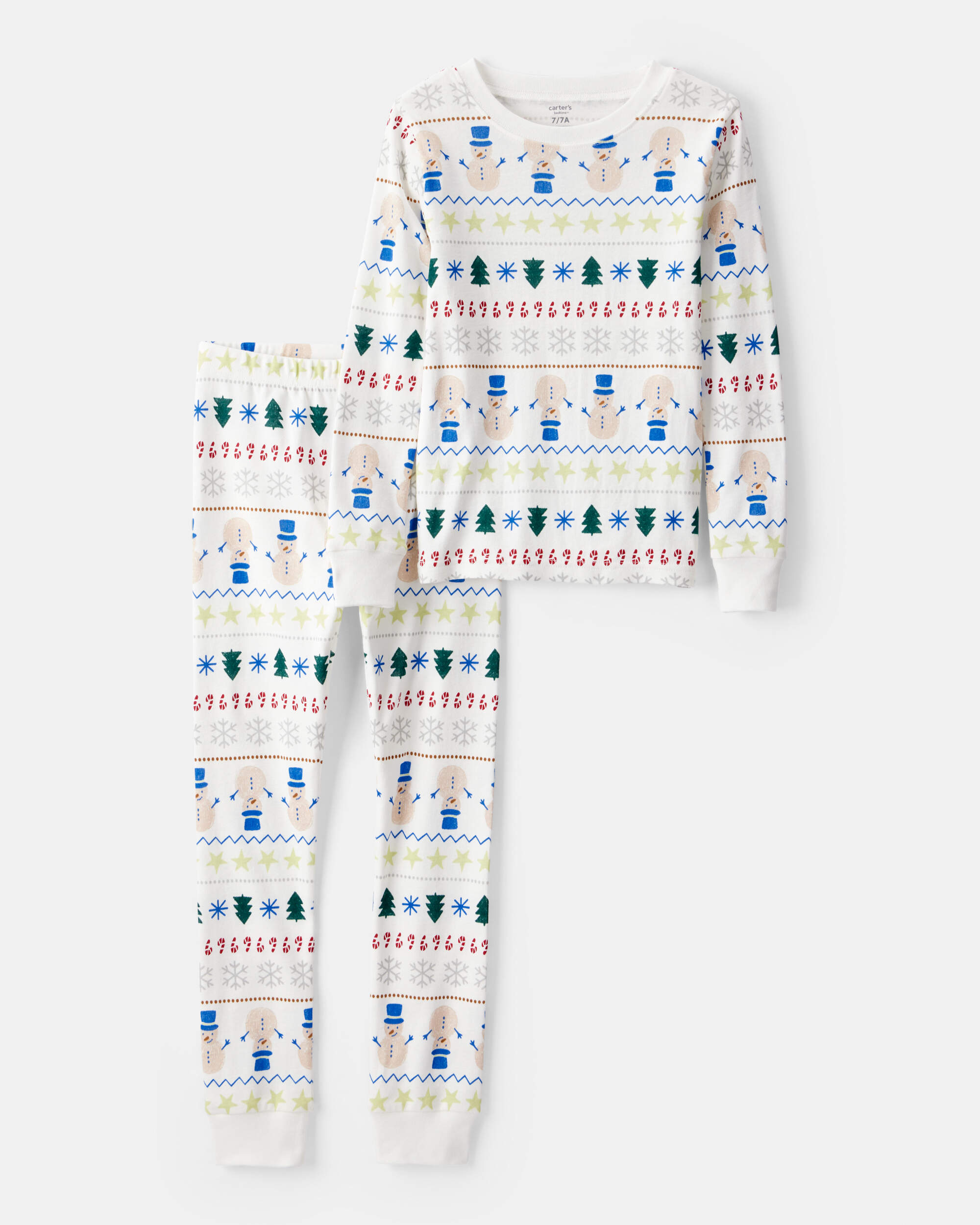 Kid Snowman Fair Isle 100% Cotton Long-Sleeve Snug Fit 2-Piece Pyjamas - White
