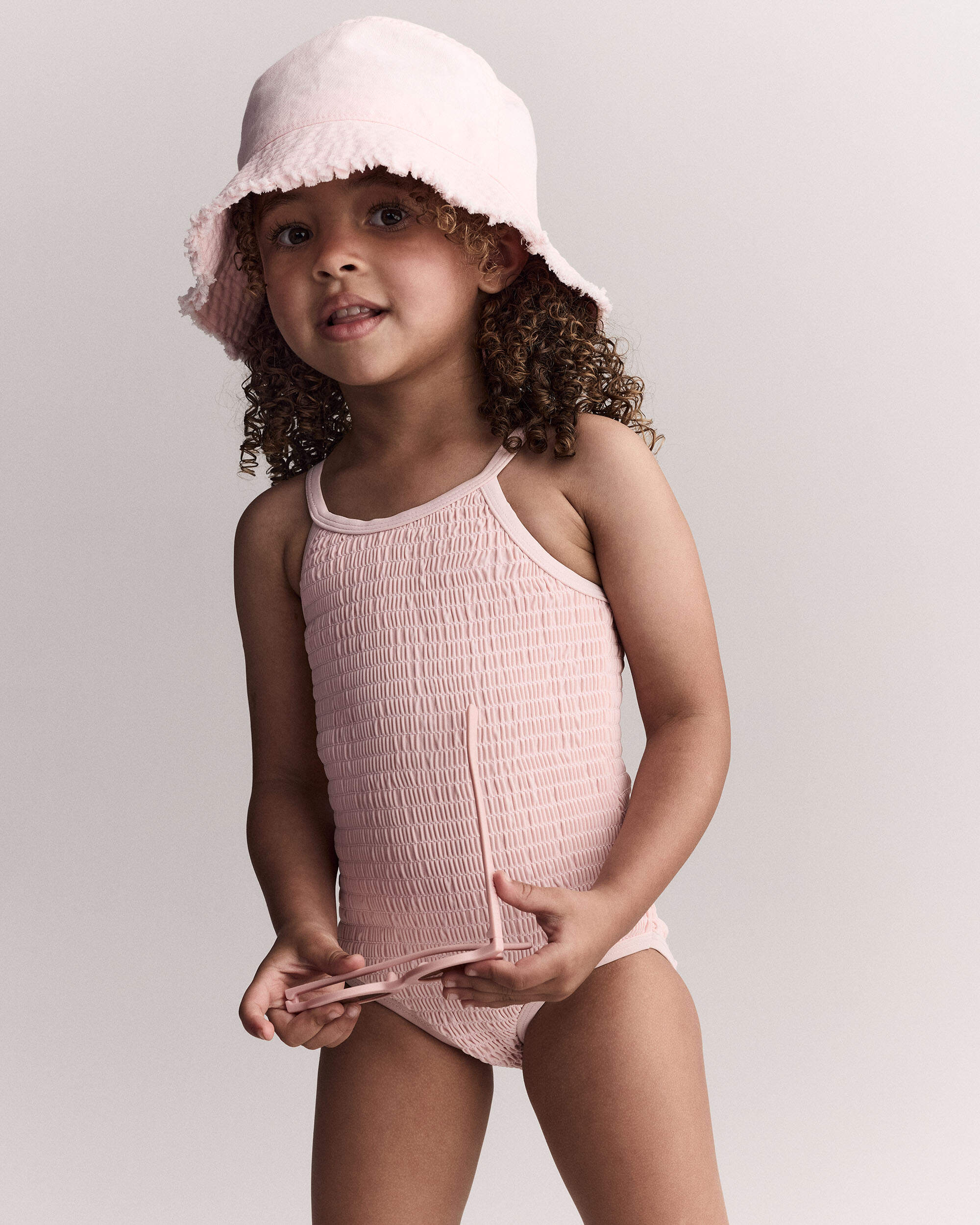 Toddler Girl Smocked One-Piece Swimsuit - Light Pink