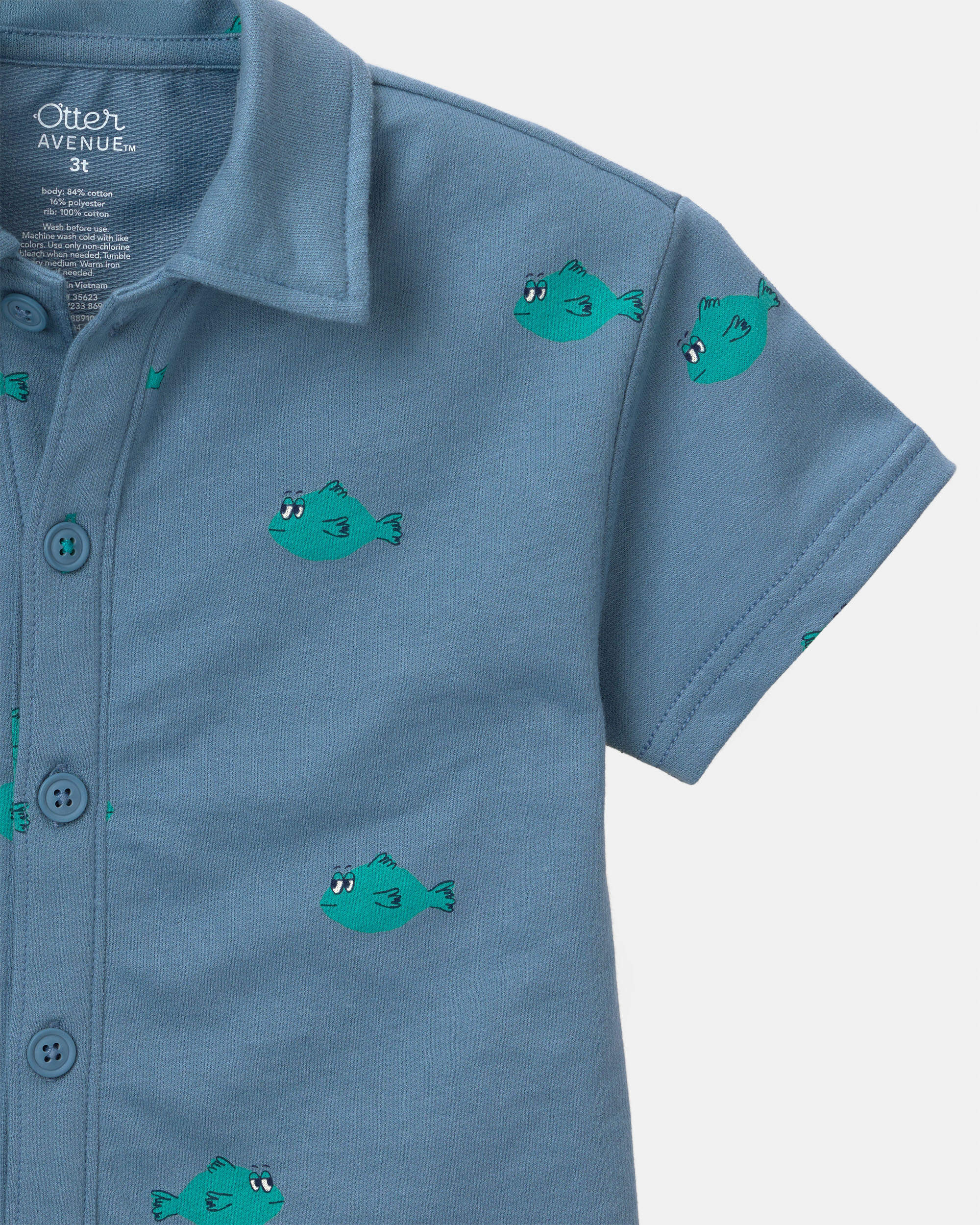 Toddler Boy Button-Down Short-Sleeve Shirt Fish Print - Slate