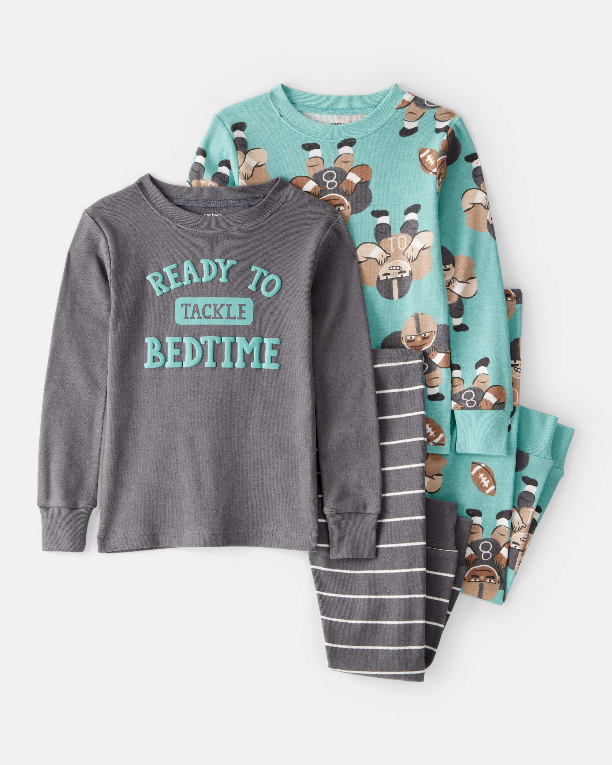 Toddler Boy Football Print 100% Cotton Long-Sleeve 4-Piece Pyjamas - Blue