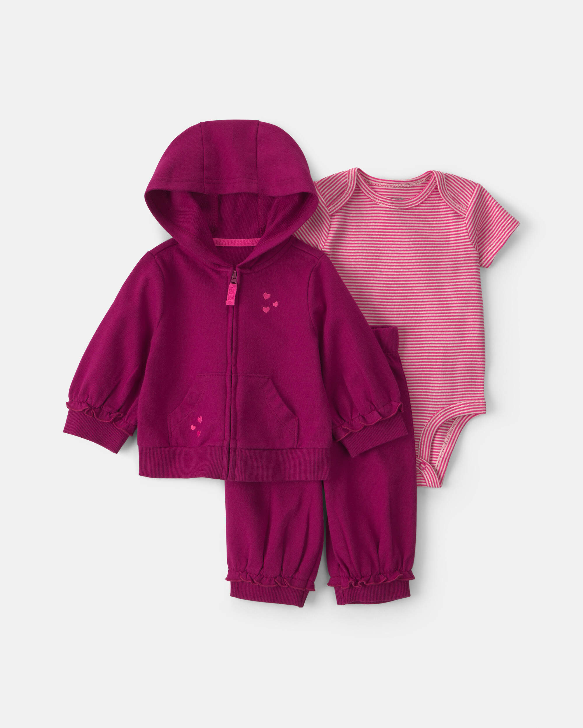 Baby Girl 3-Piece Heart French Terry Layering Set - Burgundy