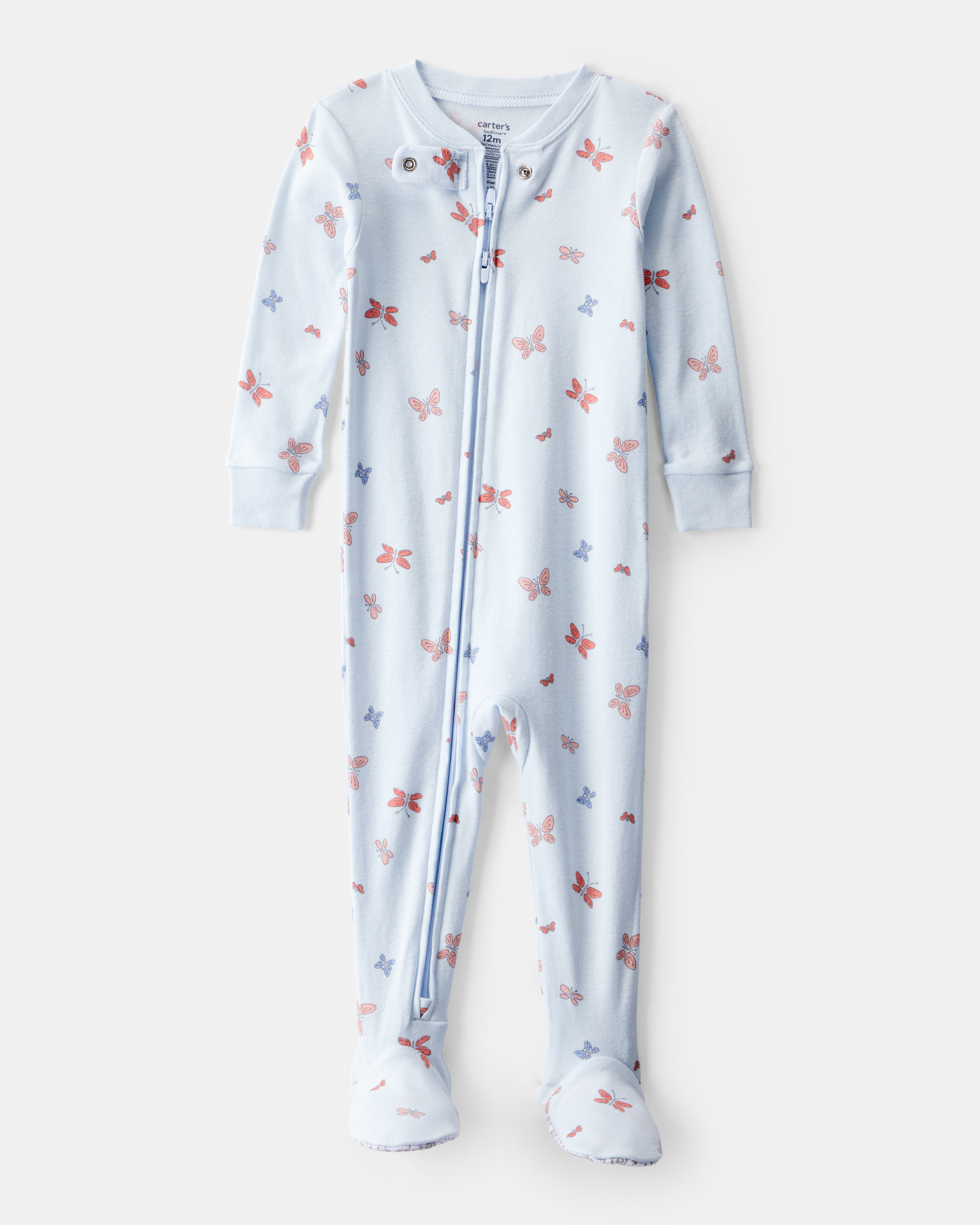 Baby Girl Butterfly 100% Cotton Snug Fit 2-Way Zip Footie 1-Piece Pyjamas - Blue