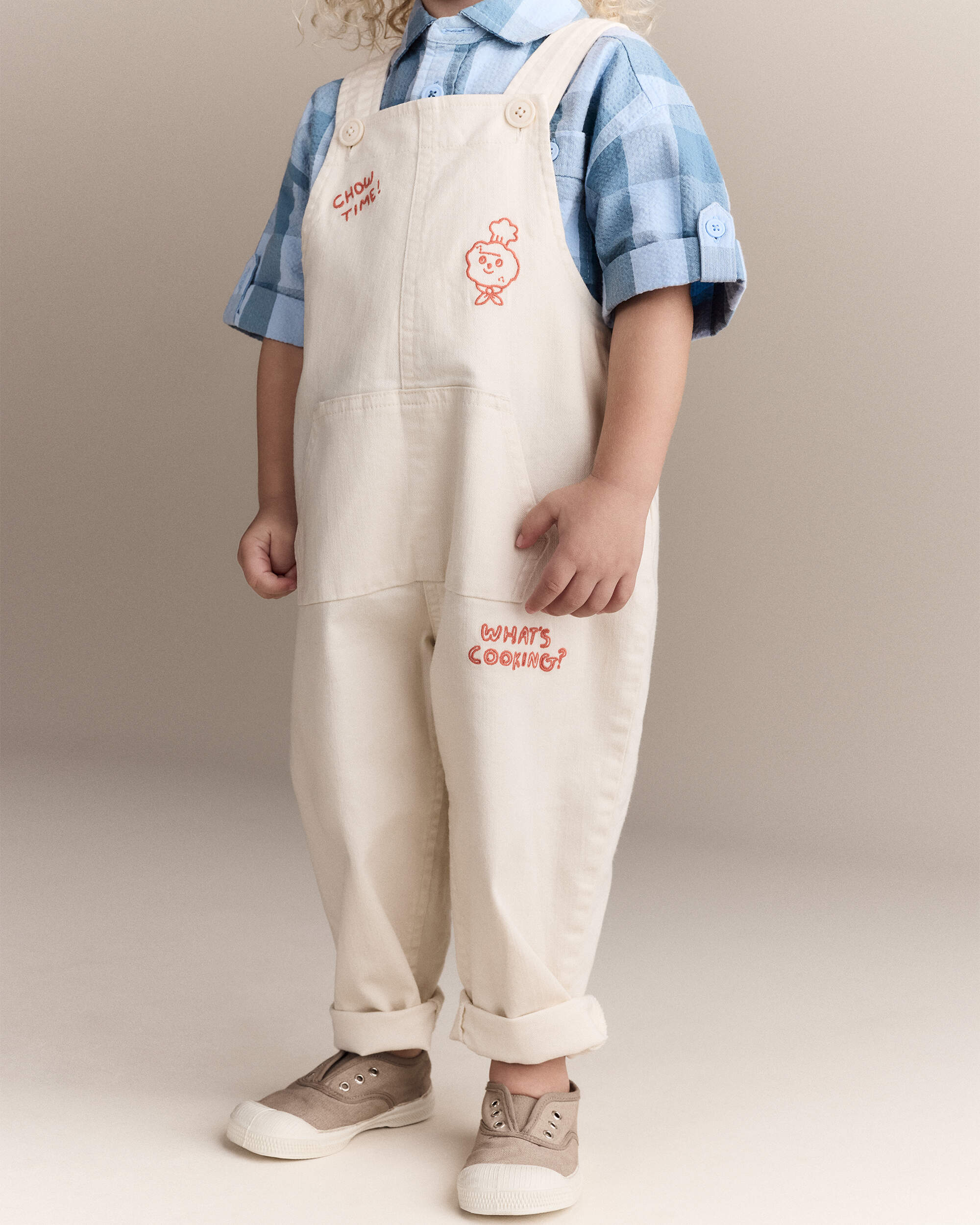 Toddler Let's Eat' Overall with Kanga Pocket - Cream, , hi-res