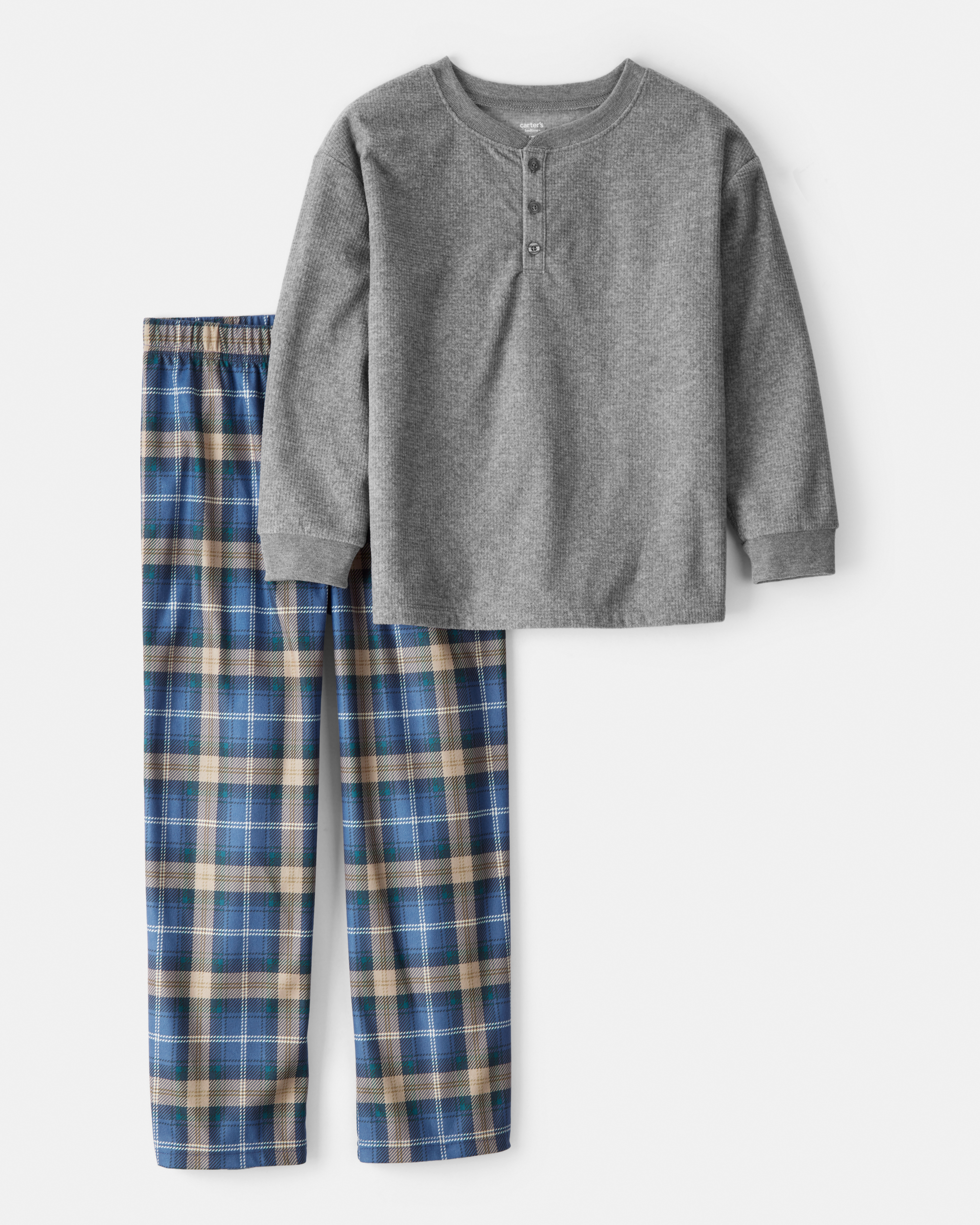 Boys Plaid Fleece Loose Fit 2-Piece Pyjamas - Grey/Blue