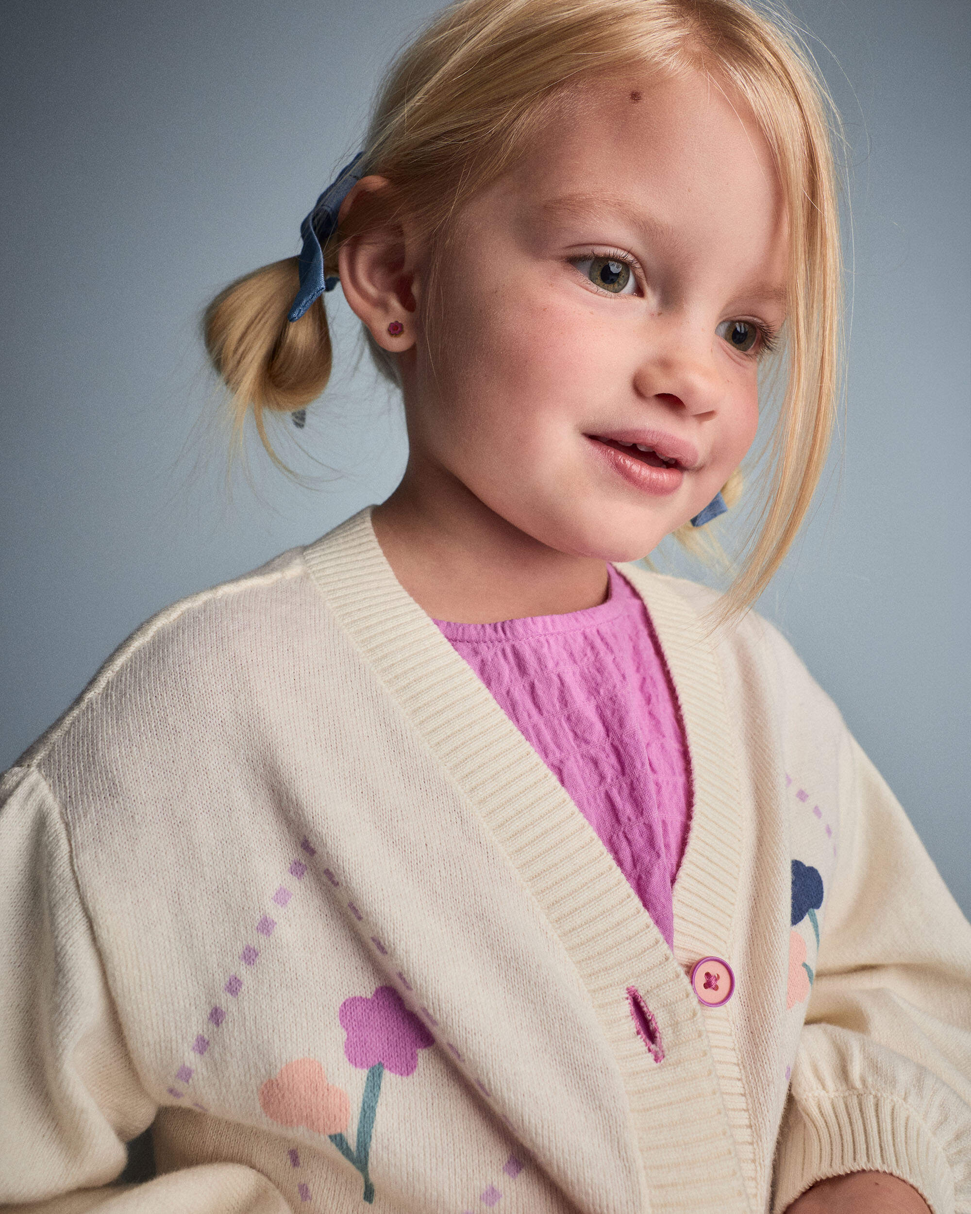 Toddler Girl Embroidered Cardigan Sweater with Flowers - Cream