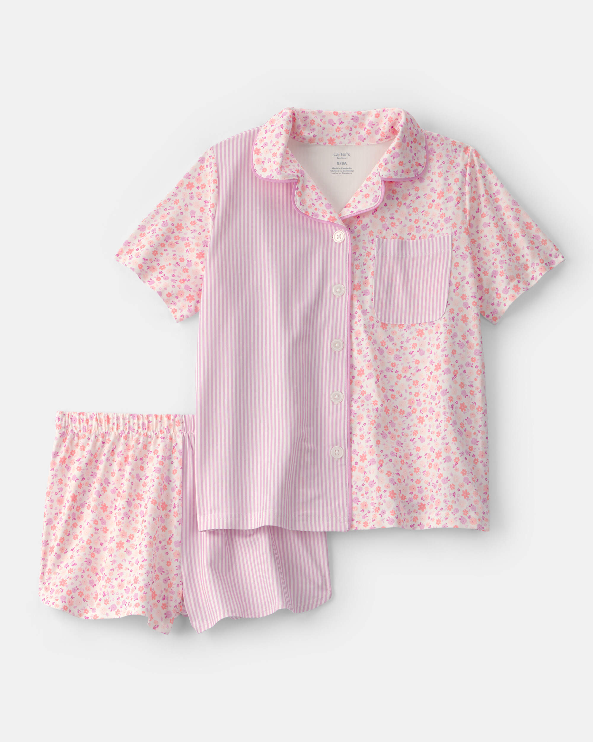 Girls Floral Stripe Short-Sleeve Loose Fit 2-Piece pyjama Set - Pink