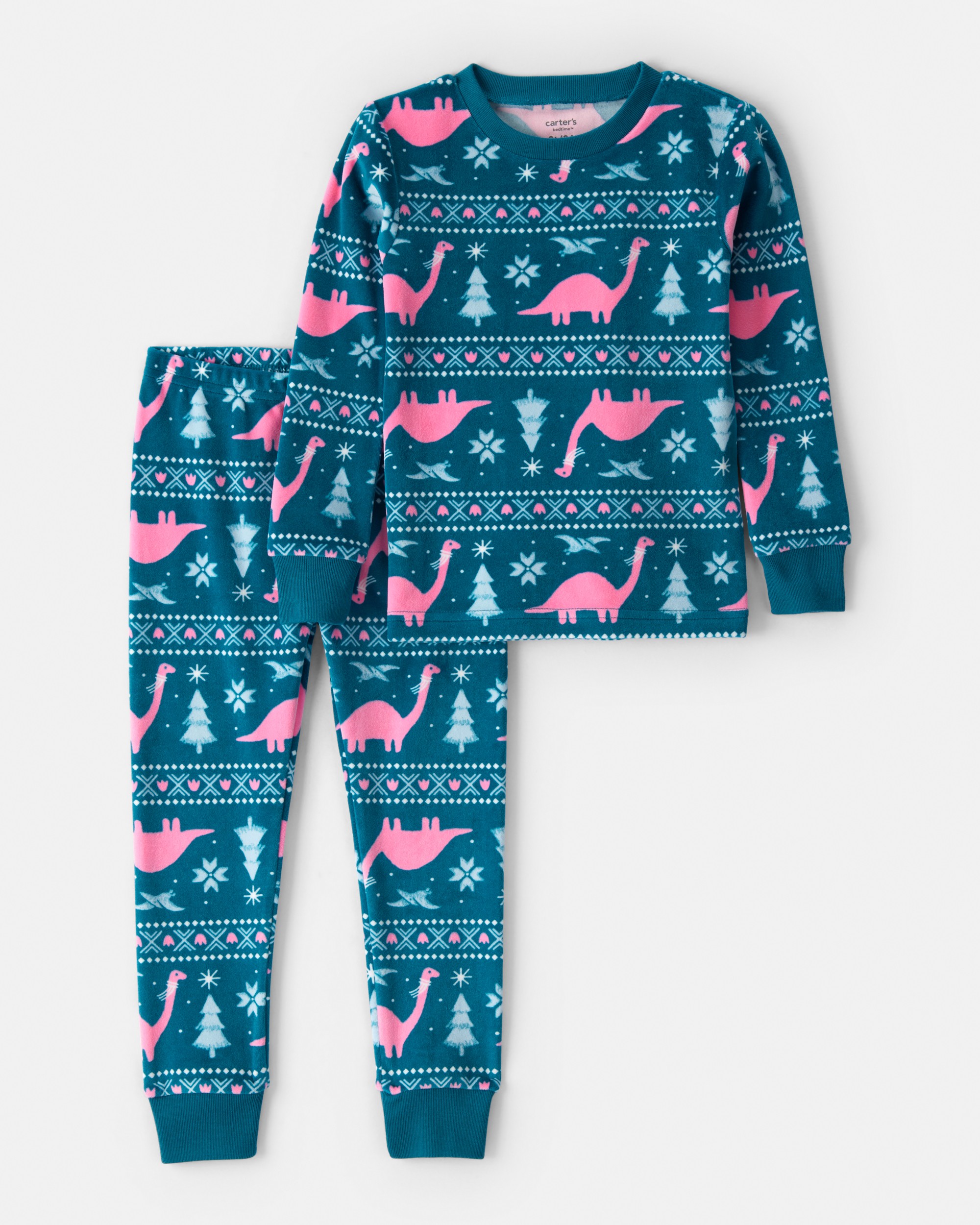 Toddler Girl Dinosaur DreamPlush Long-Sleeve Snug Fit 2-Piece Pyjamas - Teal