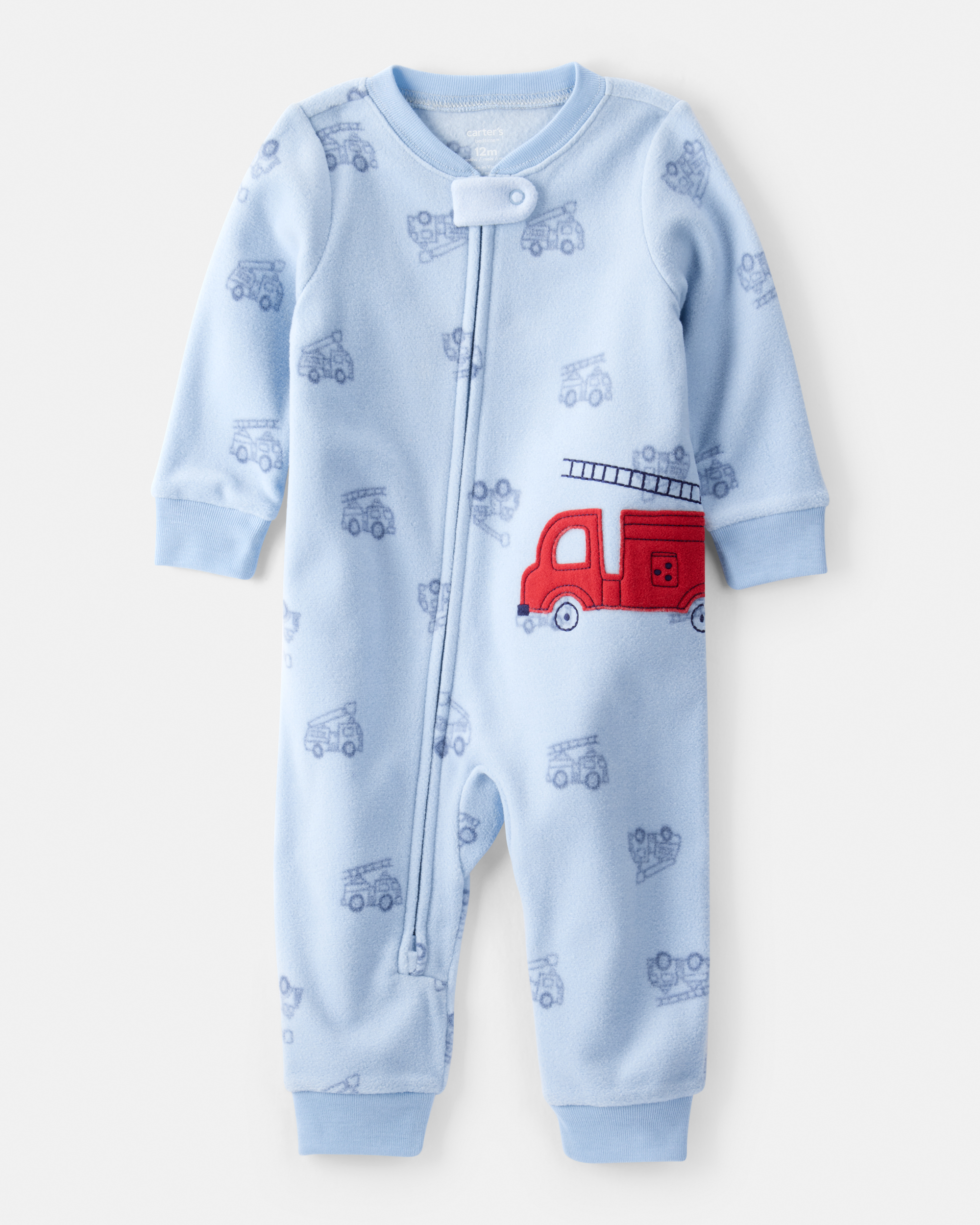 Baby Boy Firetruck Print Loose Fit Long-Sleeve 2-Way Zip 1-Piece Pyjamas - Blue