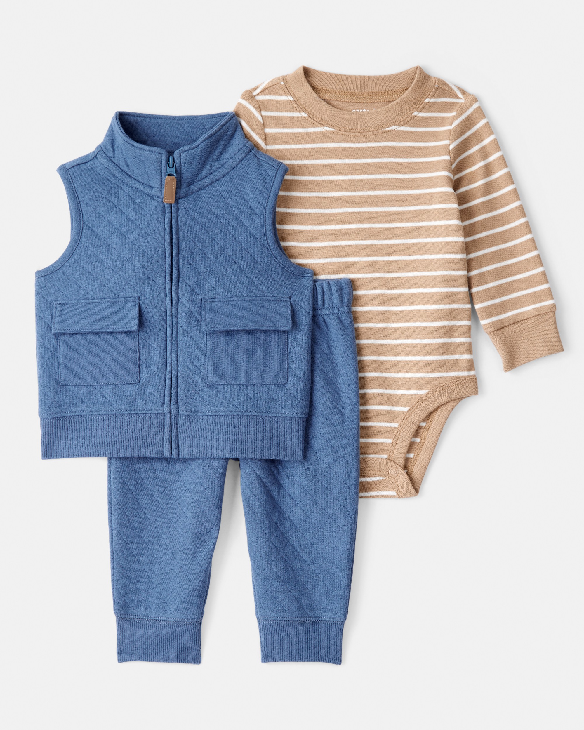 Baby Boy 3-Piece Quilted Vest Outfit Set - Blue/Brown