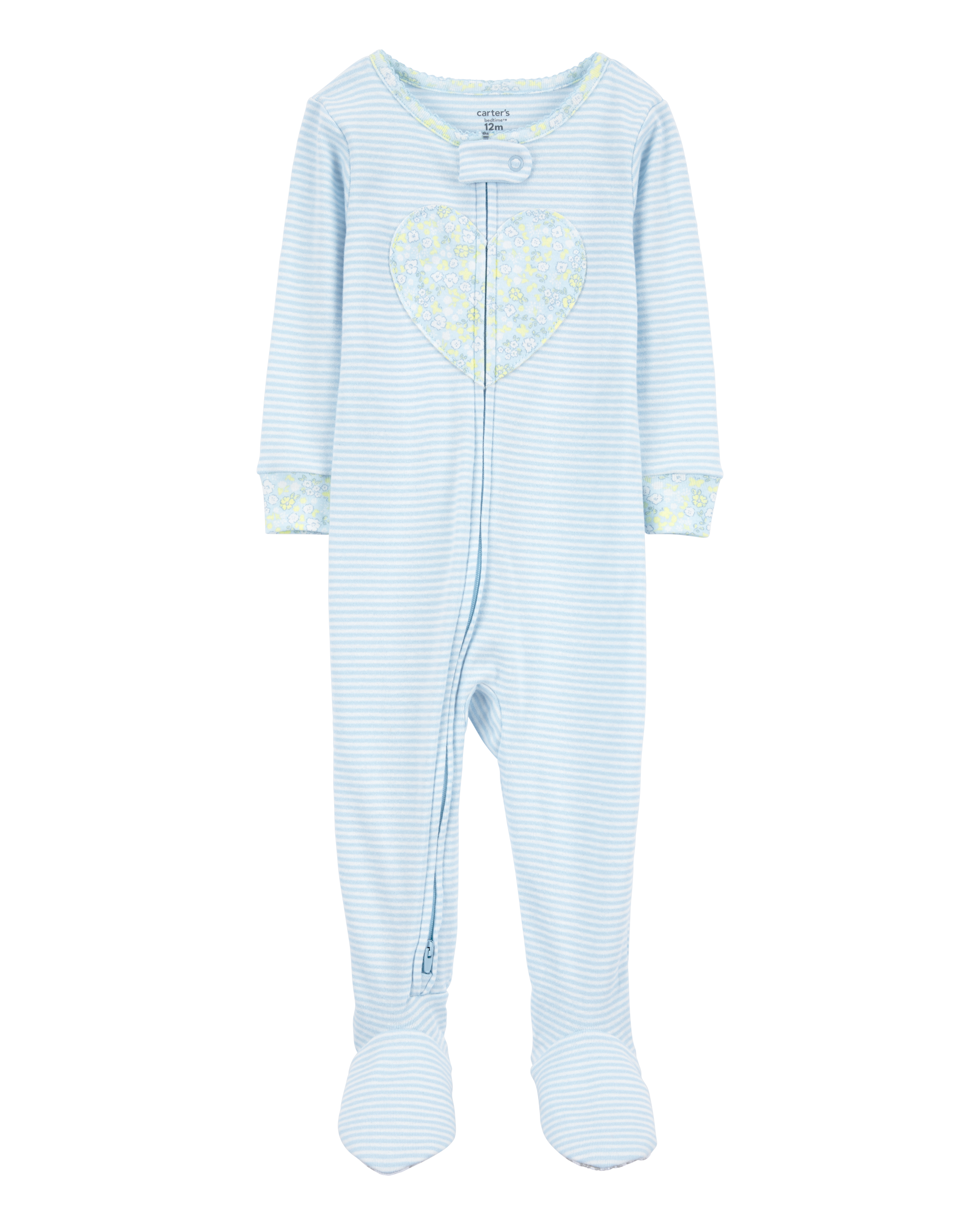Toddler Heart Striped Snug Fit Cotton Footie 1-Piece Pyjamas - Blue