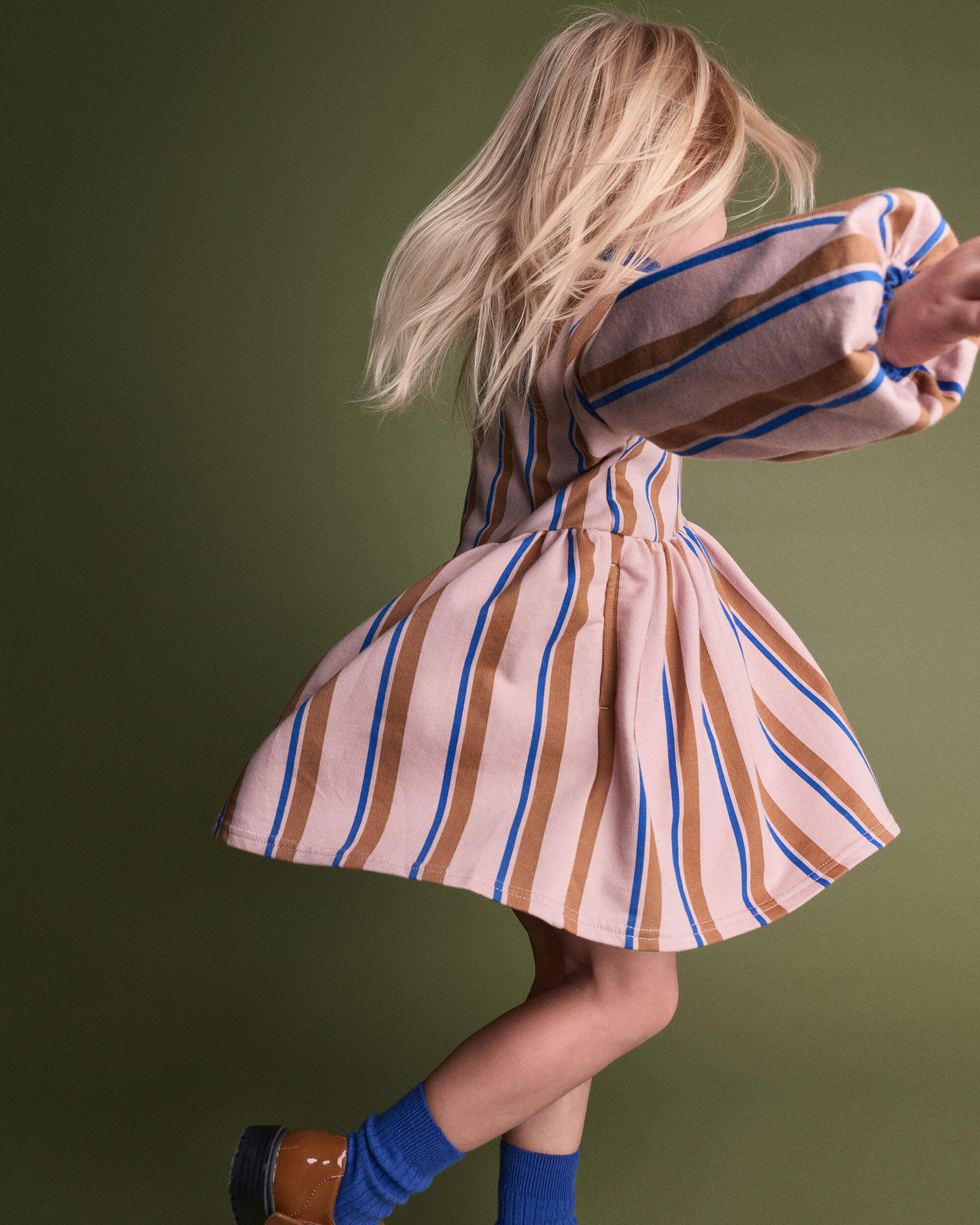 Toddler Girl Balloon-Sleeve Dress Stripes - Pink/Brown/Blue
