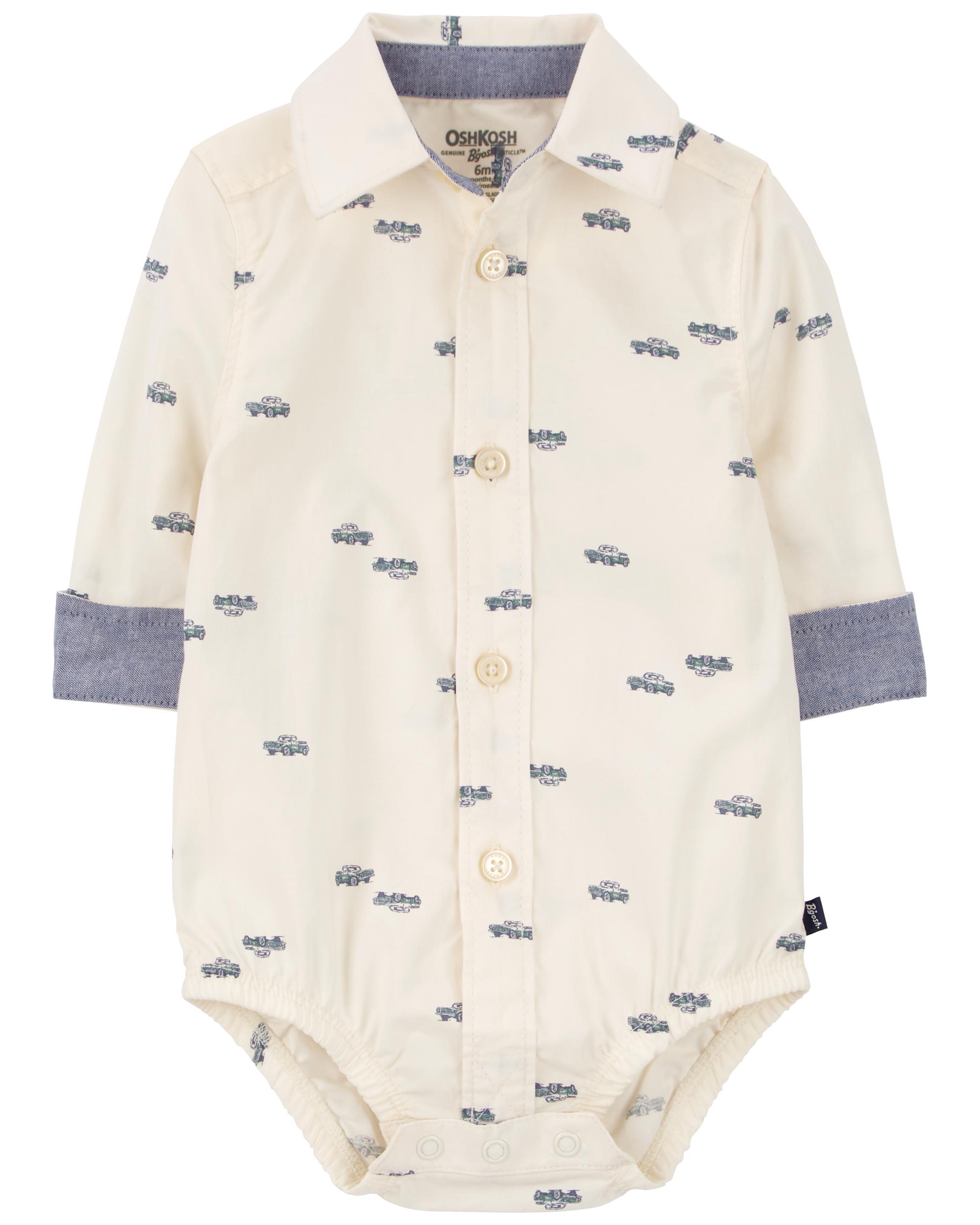 Baby White Truck Print Button-Front Bodysuit