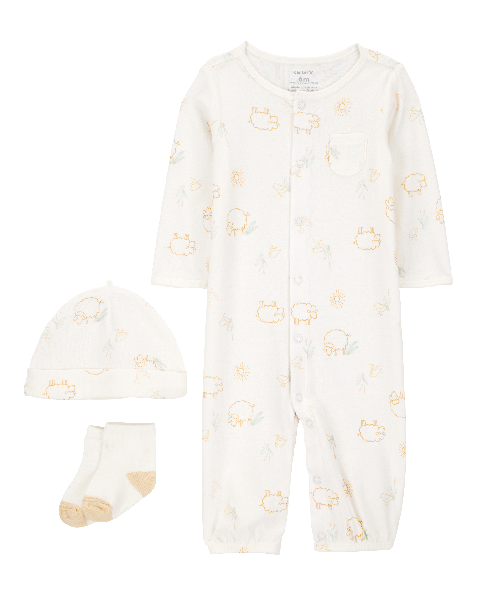 Baby Girl 3-Piece Barnyard Converter Gown & Cap Set - Ivory