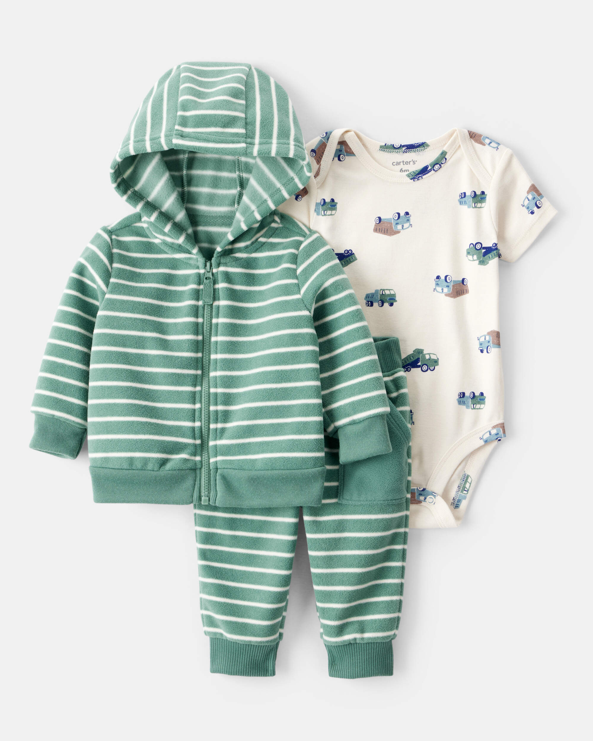 Baby Boy 3-Piece Construction Striped Print Hooded Zip-Up Jacket, Bodysuit & Pant Set - Green