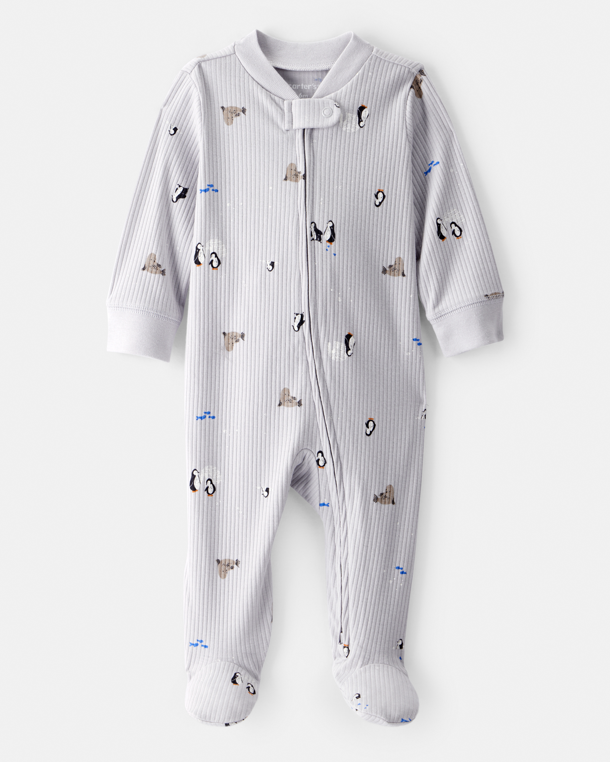 Baby Penguin Print Cotton Long-Sleeve Sleeper - White