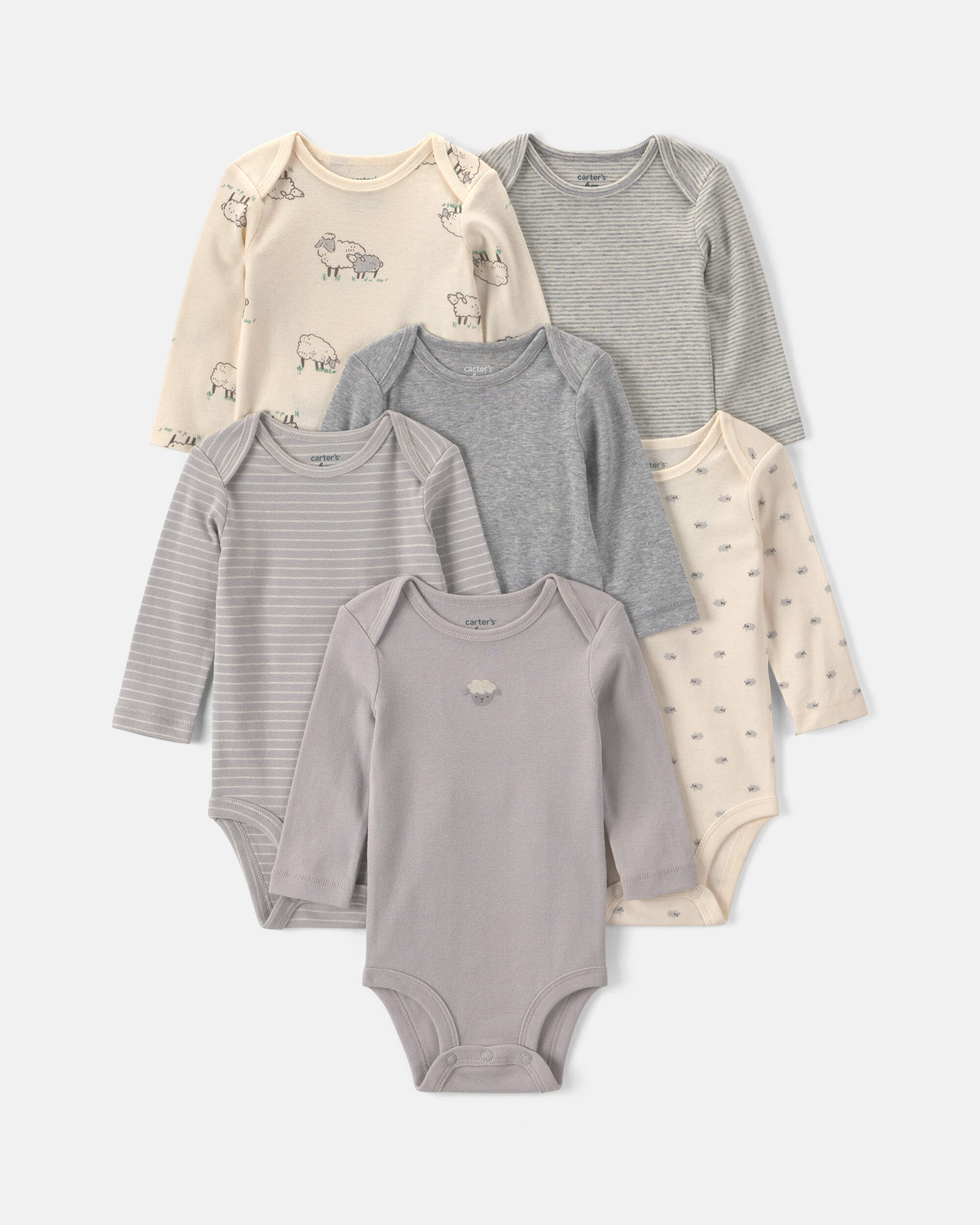 Baby 6-Pack Sheep Long-Sleeve Bodysuits - Grey/White