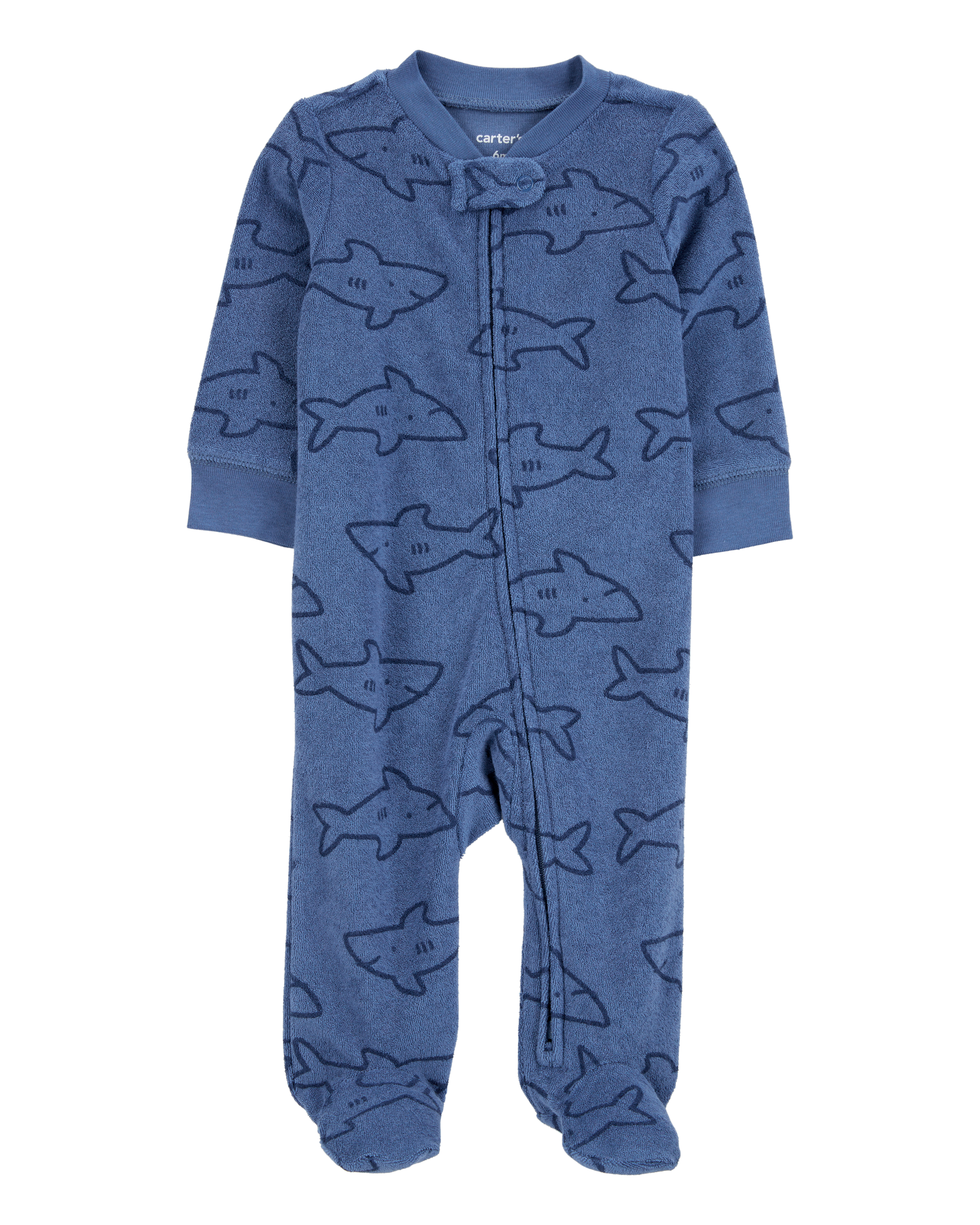 Baby Shark Print 2-Way Zip Terry Sleeper Pyjamas - Navy