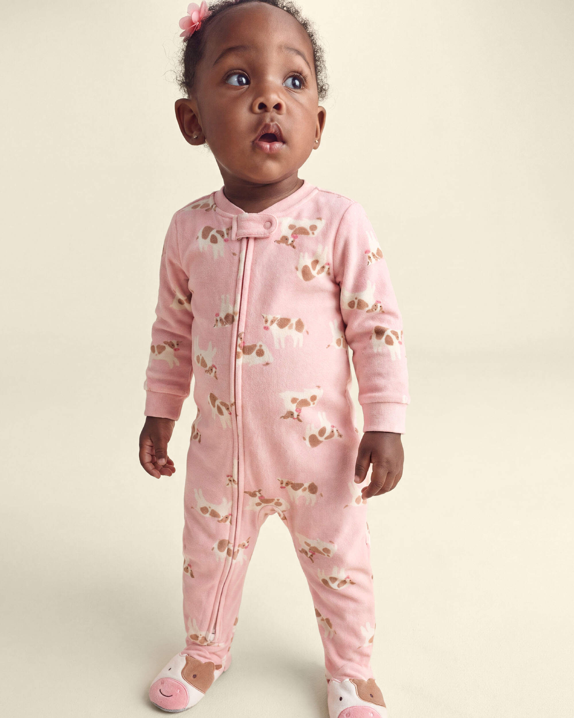 Baby Girl 1-Piece Cow 2-Way Zip DreamPlush Snug Fit Footed Pyjama - Pink