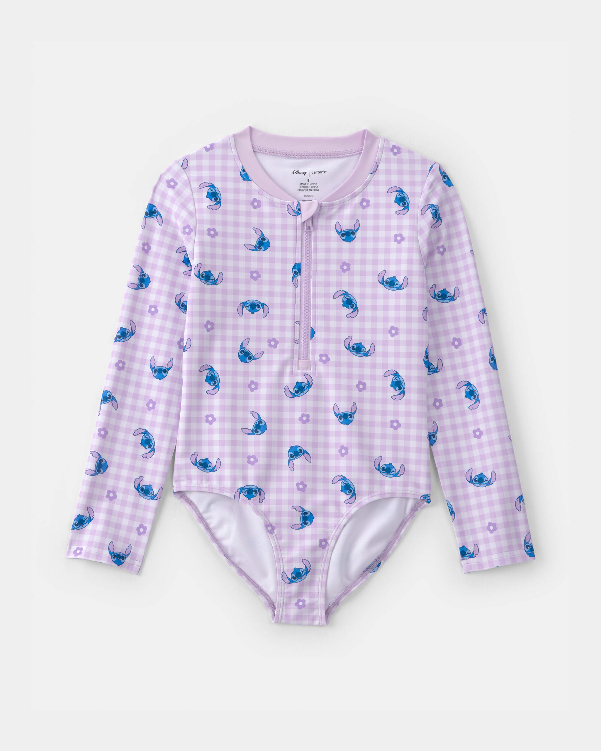 Girls Disney© Lilo & Stitch Gingham 1-Piece Rashguard Swimsuit
