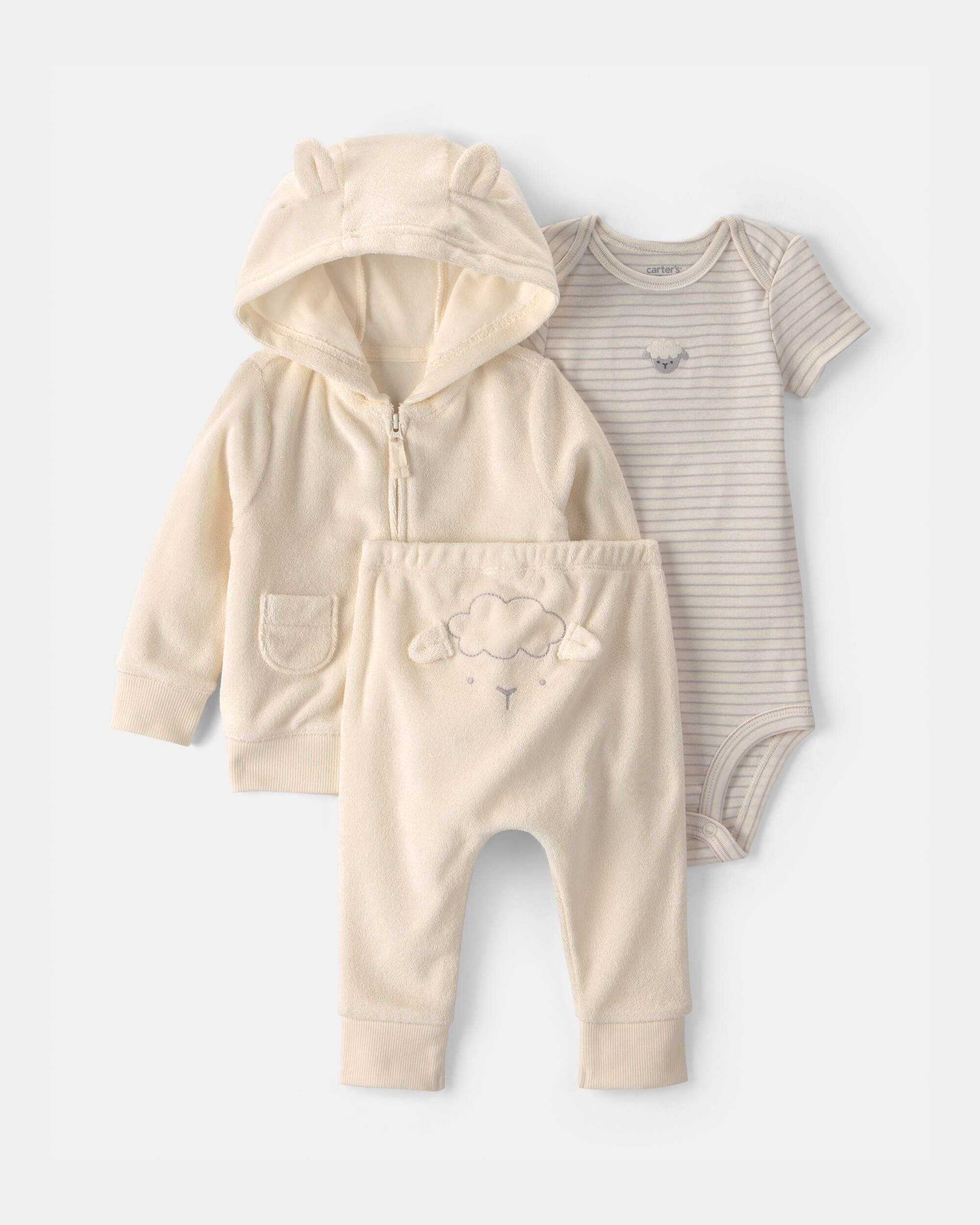 Baby 3-Piece Sheep Terry Short-Sleeve Layering Set - Ivory