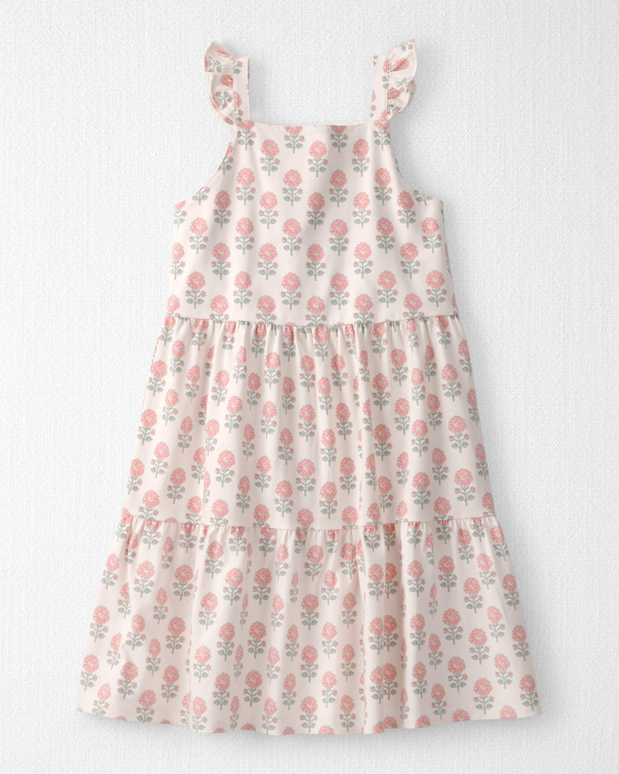 Girls Organic Cotton Tiered Dress Rosebud Petal Print