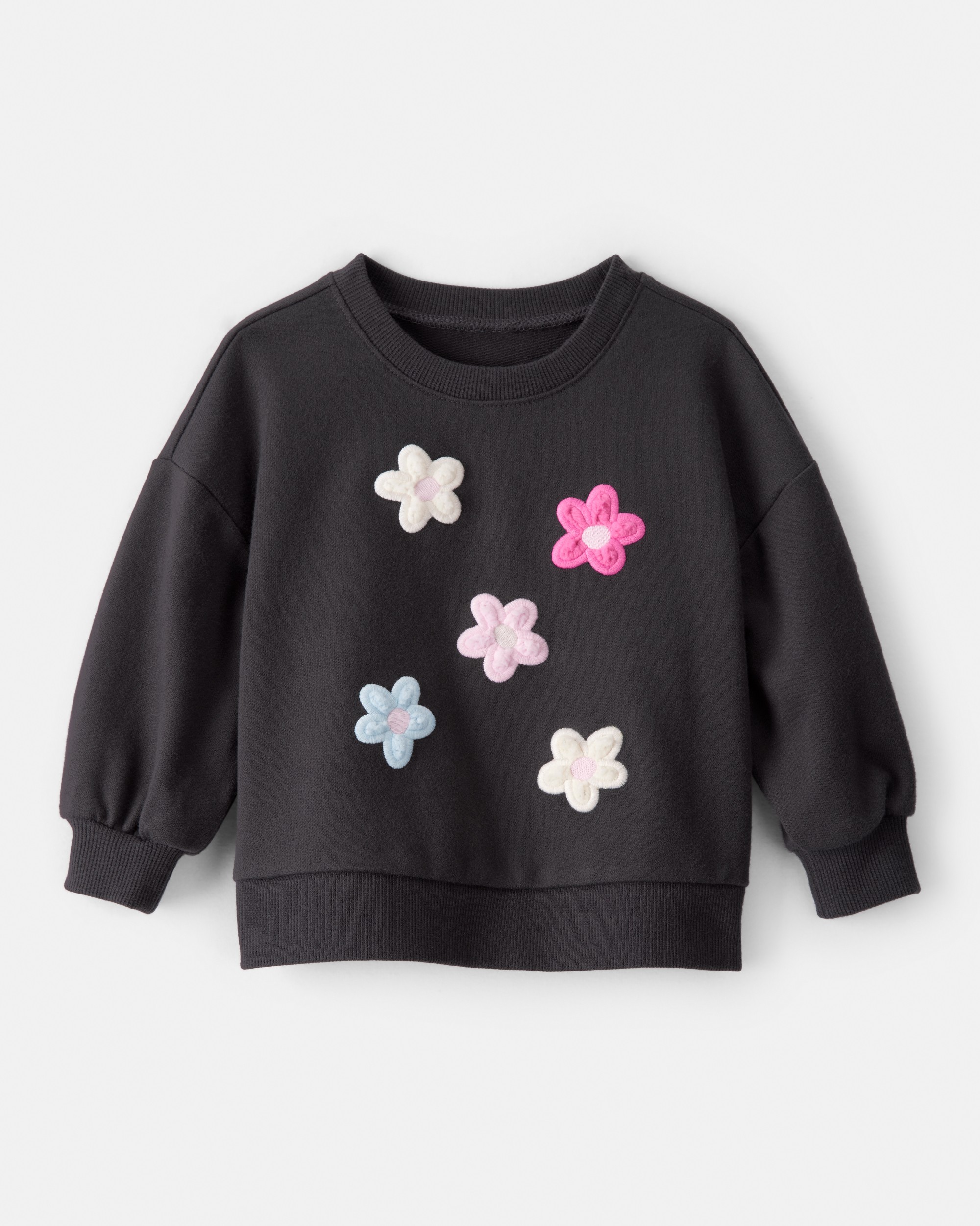 Baby Girl Floral French Terry Long-Sleeve Pullover Sweatshirt - Black