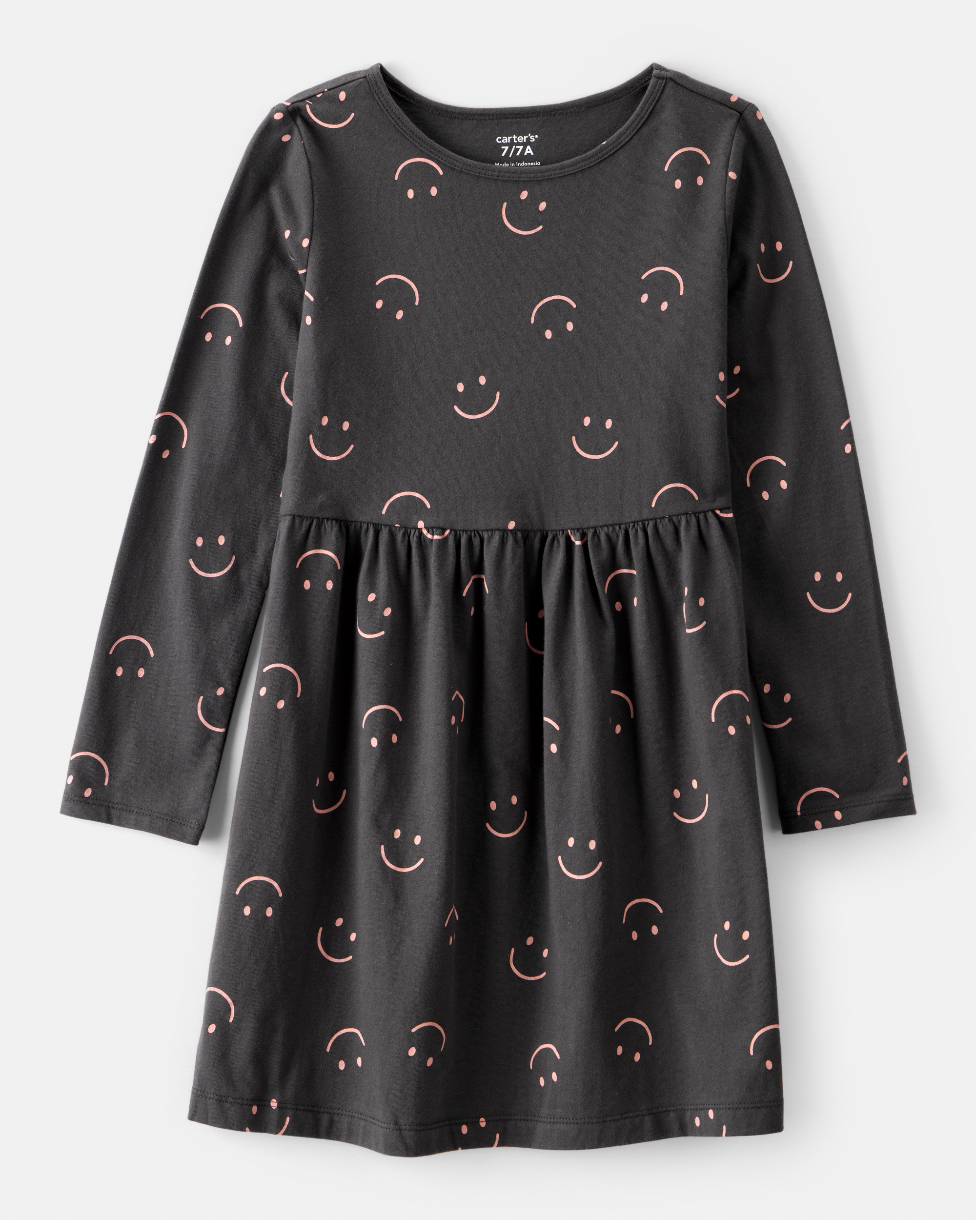 Girls Smile Print Long Sleeve Cotton Dress - Black