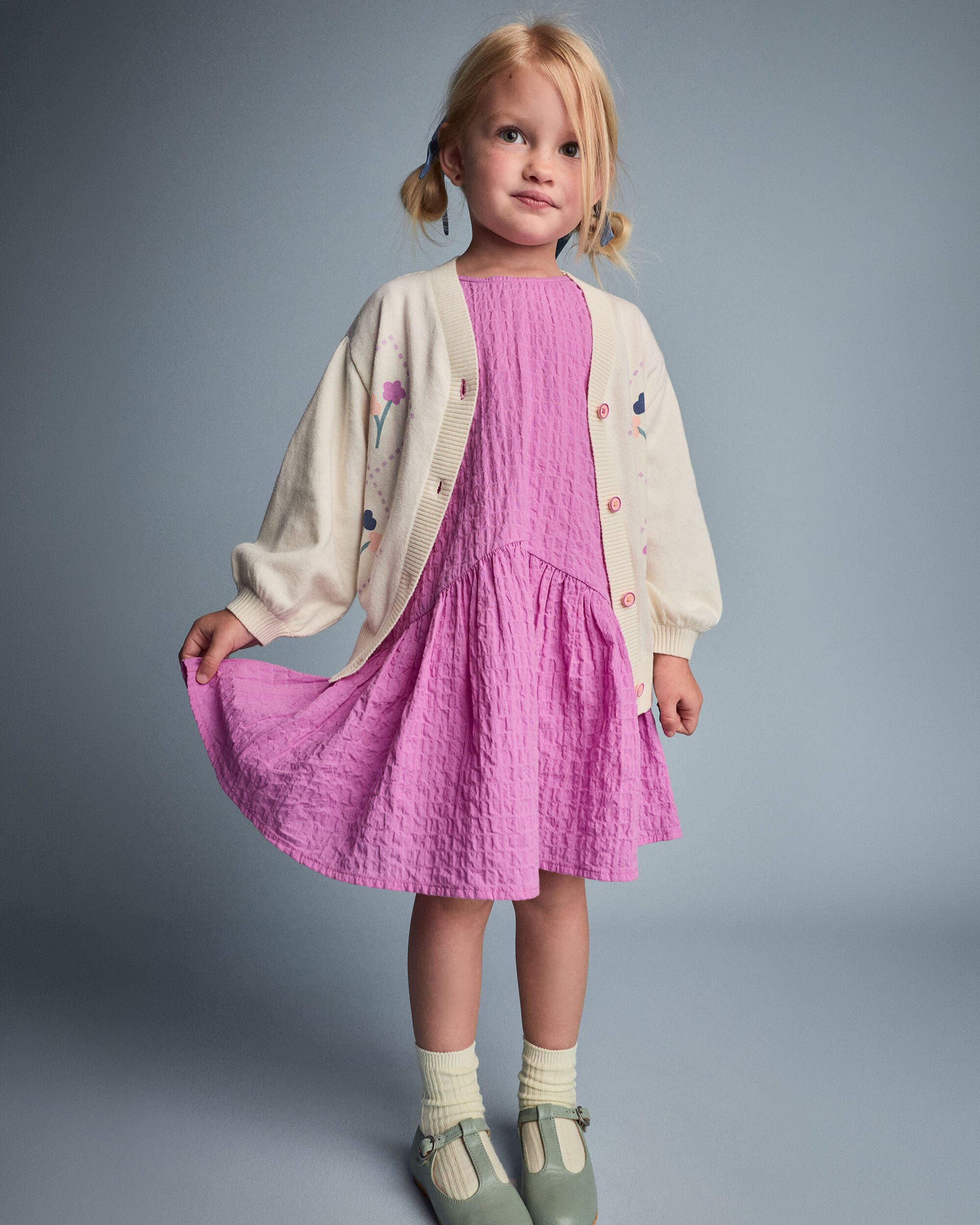 Toddler Girl Embroidered Cardigan Sweater with Flowers - Cream